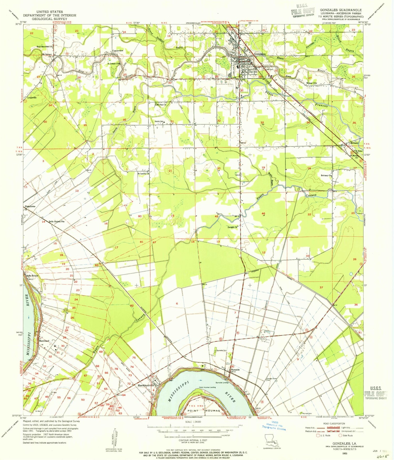 Classic USGS Gonzales Louisiana 7.5'x7.5' Topo Map Image