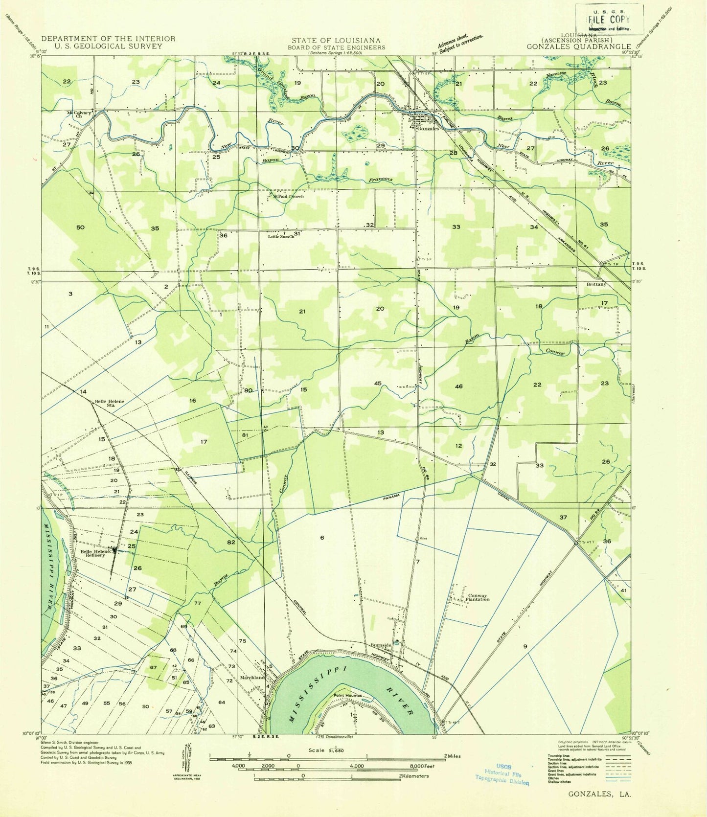 Classic USGS Gonzales Louisiana 7.5'x7.5' Topo Map Image