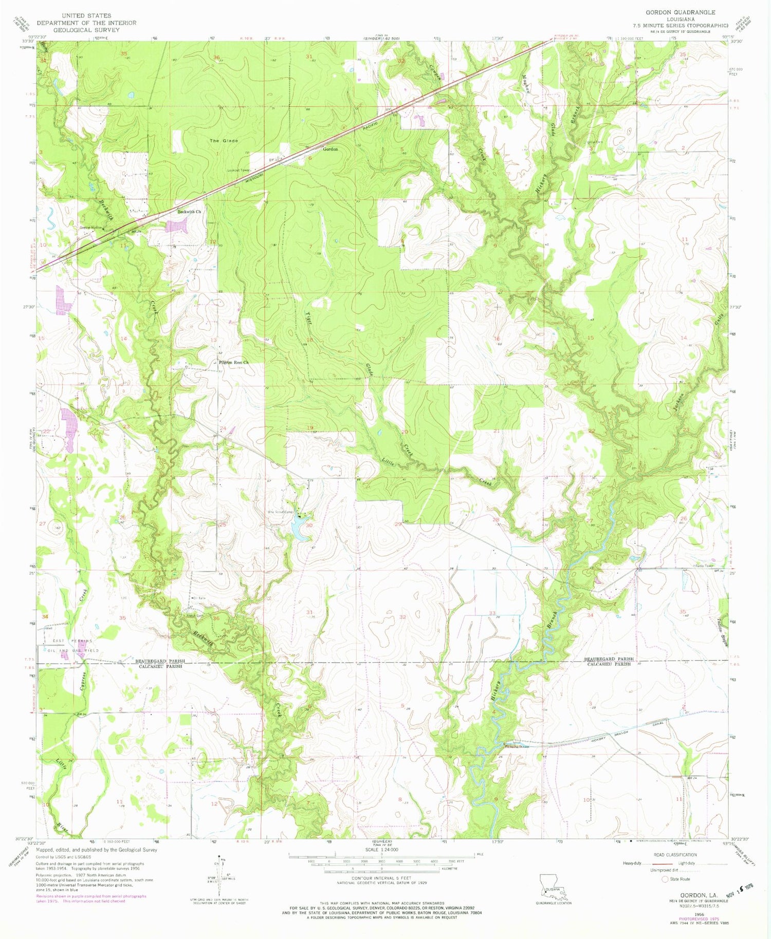 Classic USGS Gordon Louisiana 7.5'x7.5' Topo Map Image