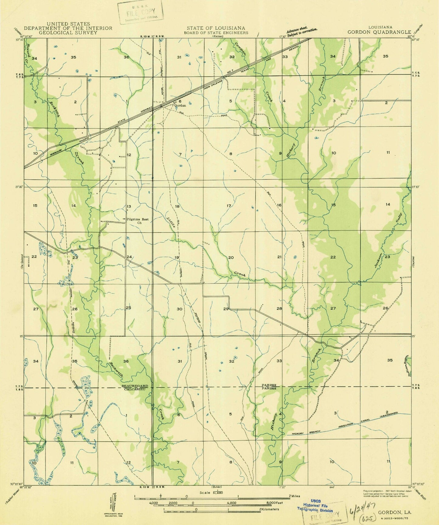 Classic USGS Gordon Louisiana 7.5'x7.5' Topo Map Image