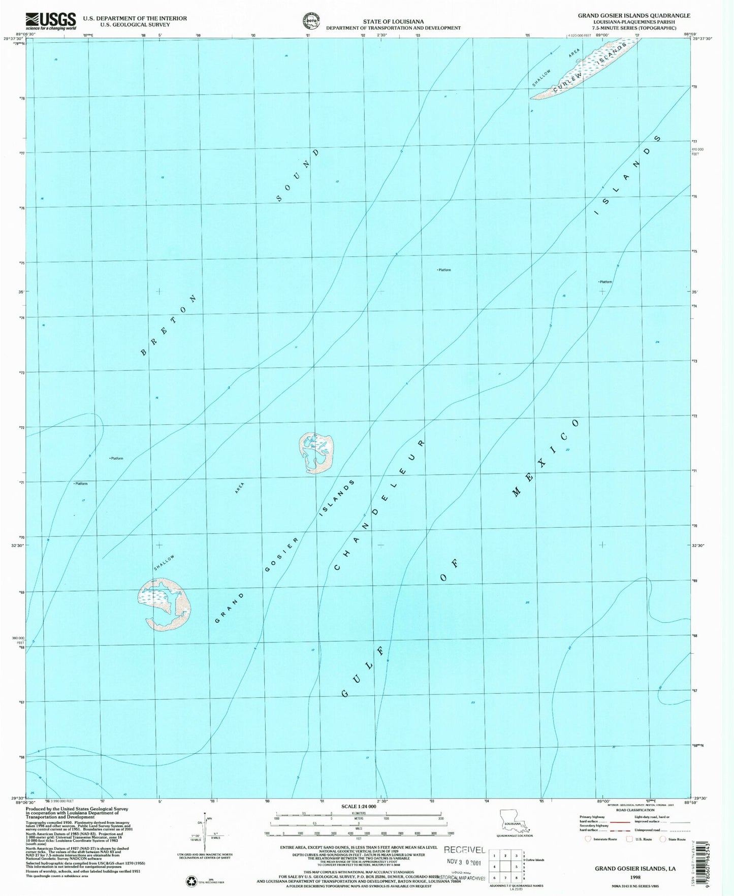 Classic USGS Grand Gosier Islands Louisiana 7.5'x7.5' Topo Map Image
