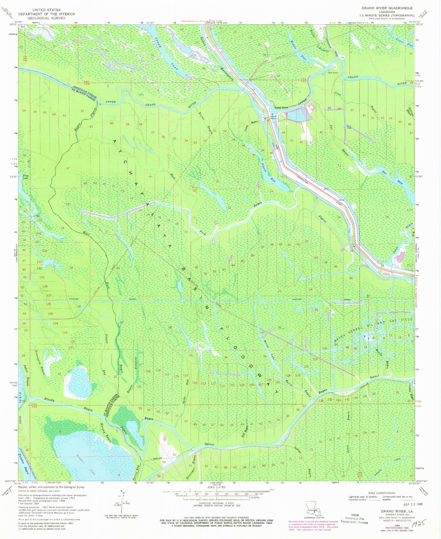 Classic USGS Grand River Louisiana 7.5'x7.5' Topo Map Image