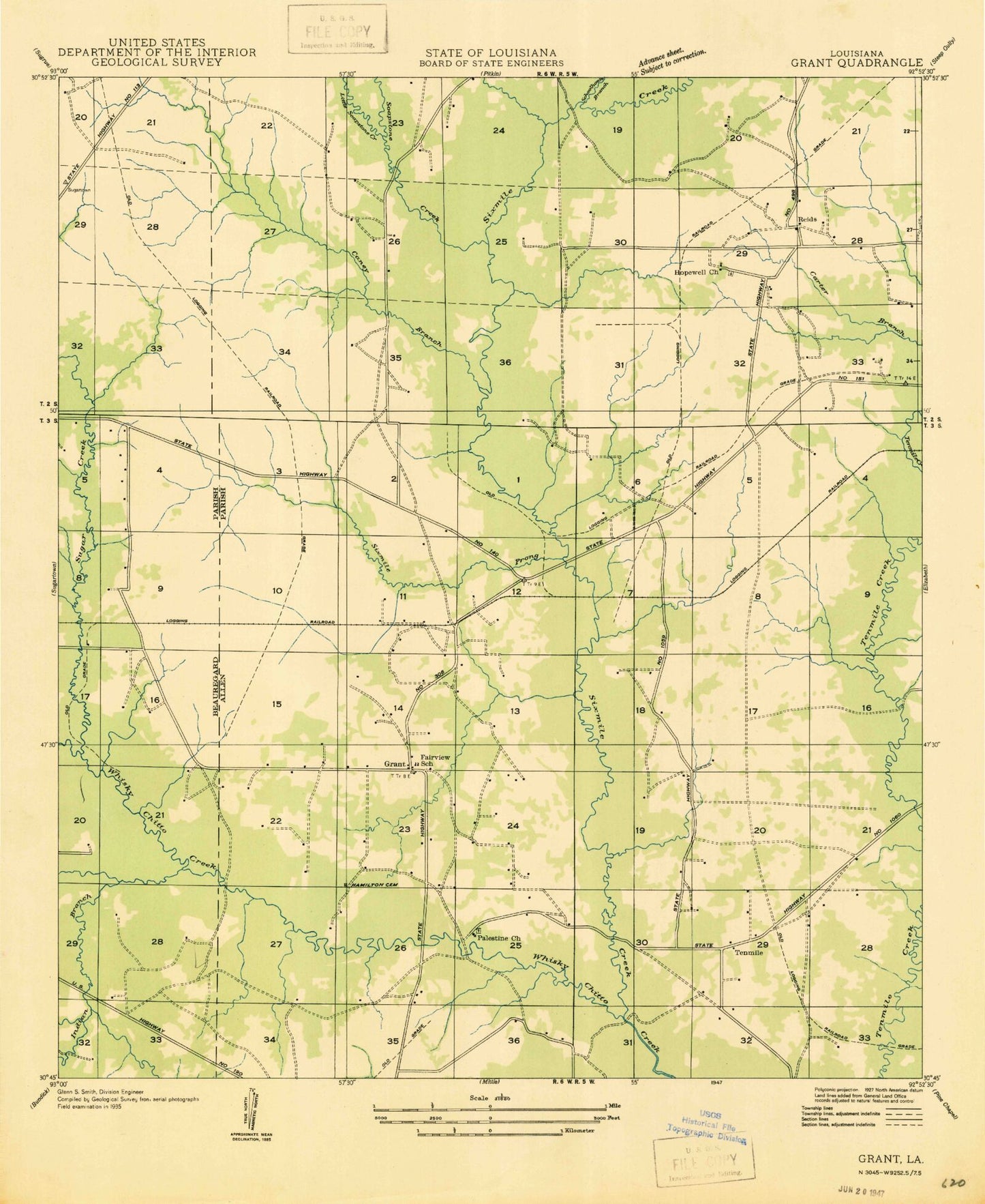 Classic USGS Grant Louisiana 7.5'x7.5' Topo Map Image