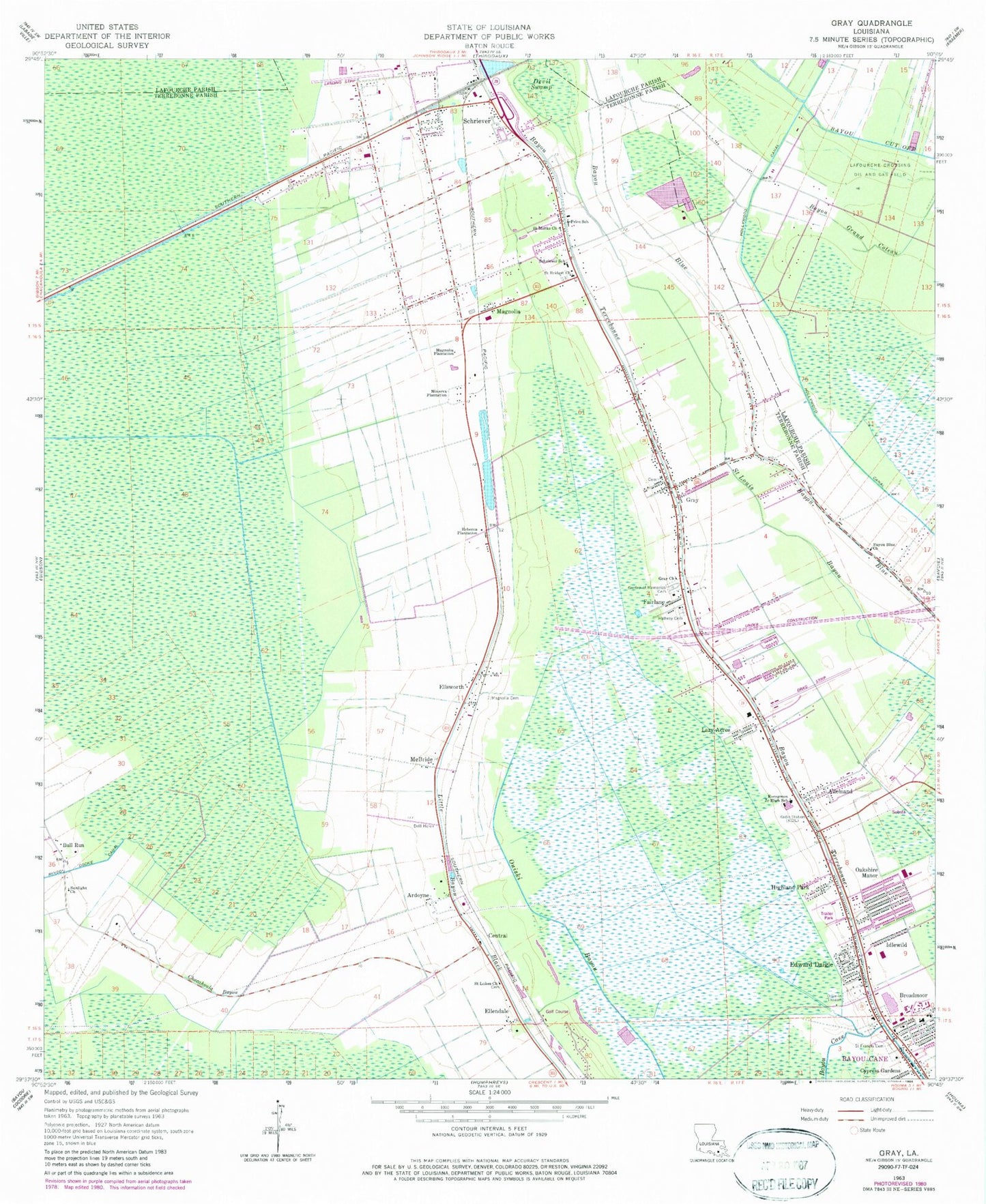 Classic USGS Gray Louisiana 7.5'x7.5' Topo Map Image