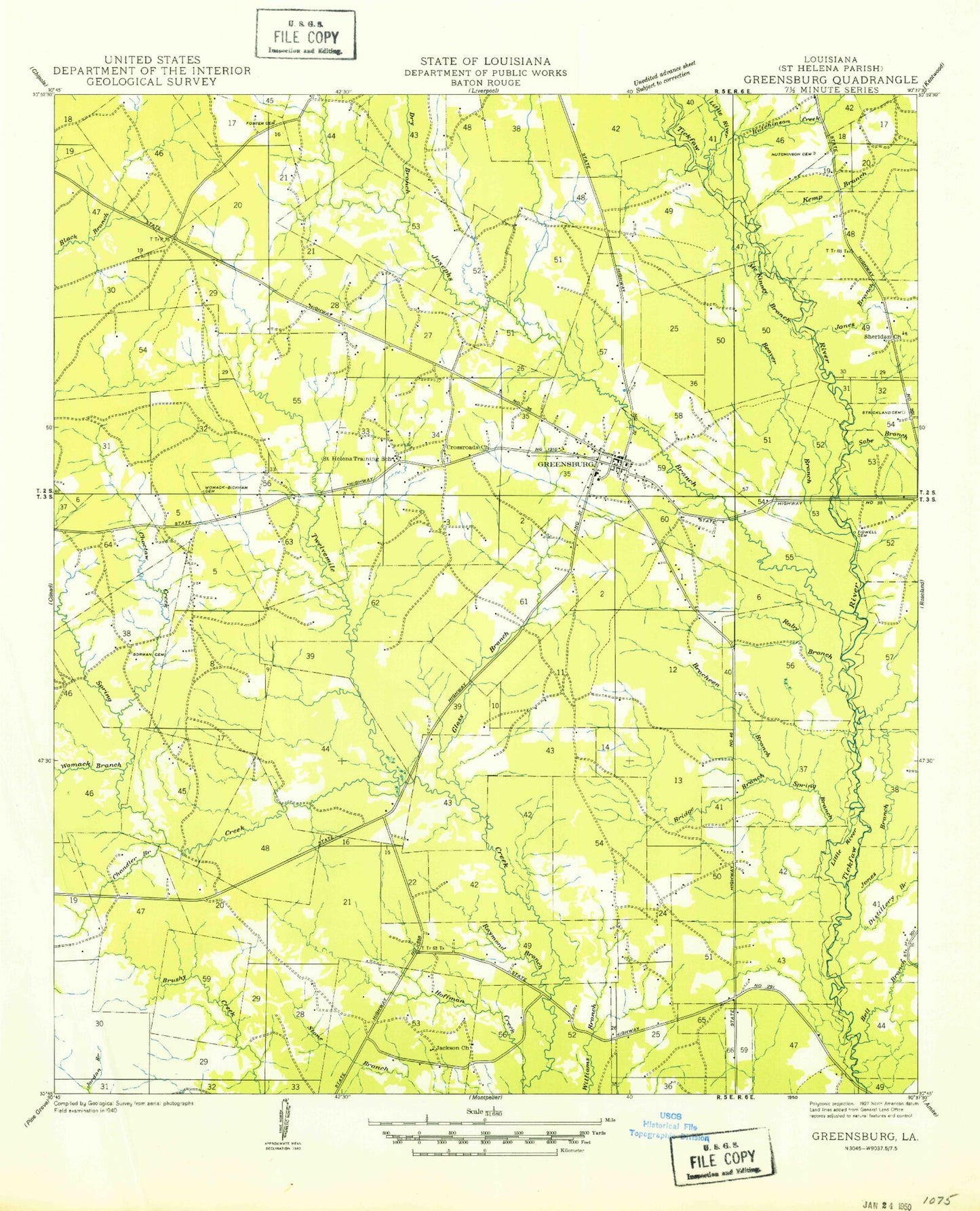 Classic USGS Greensburg Louisiana 7.5'x7.5' Topo Map Image