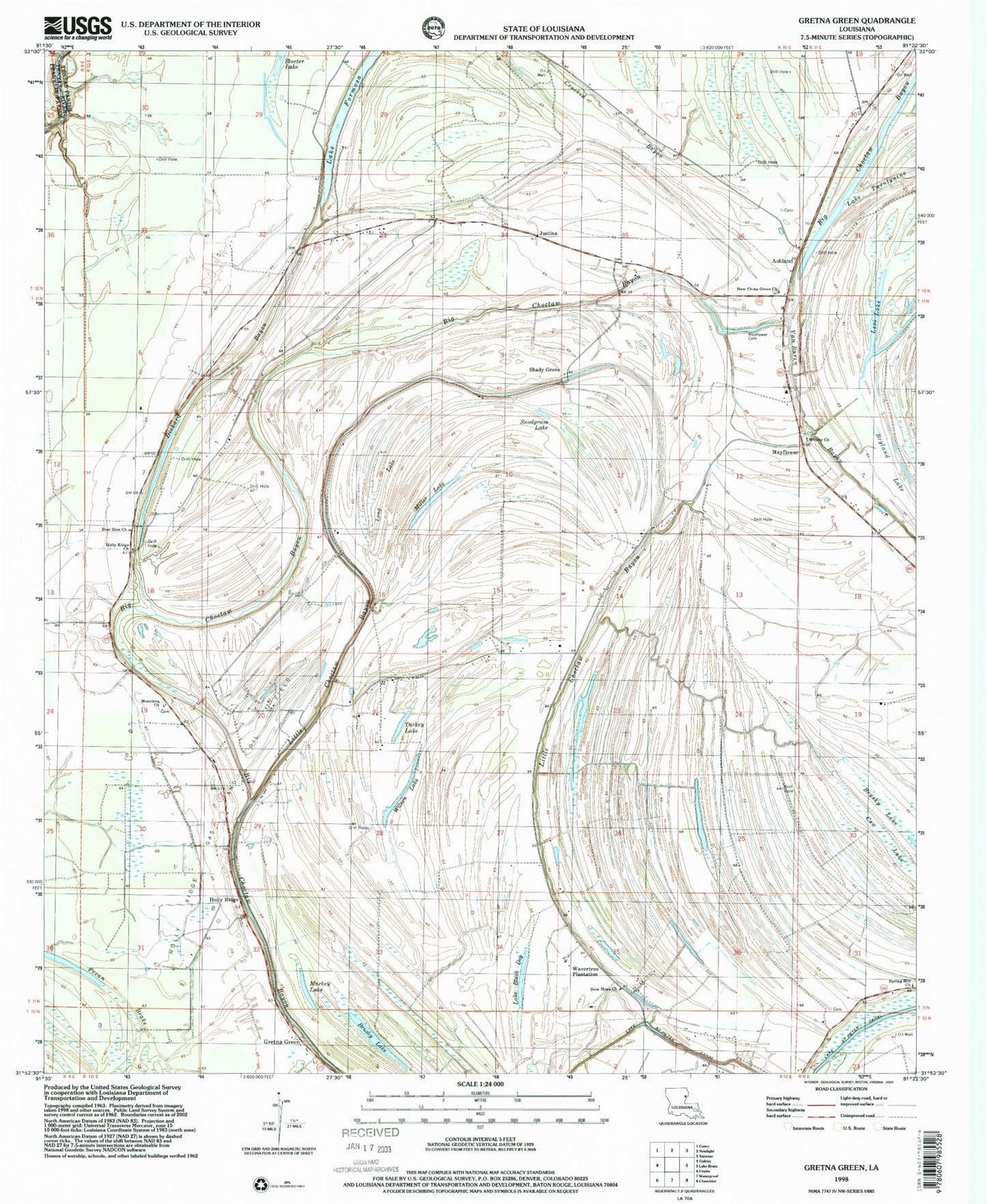Classic USGS Gretna Green Louisiana 7.5'x7.5' Topo Map Image
