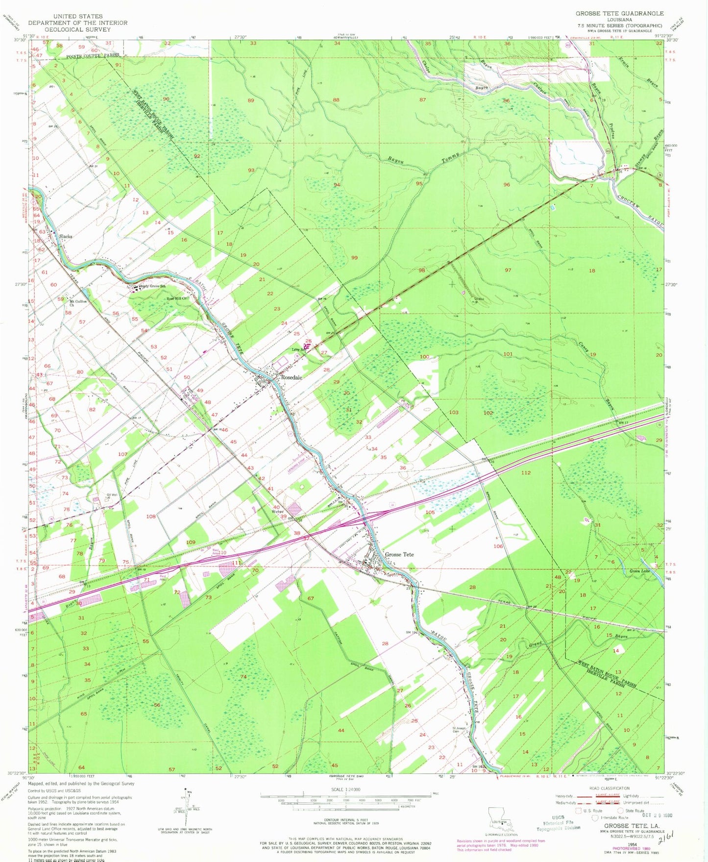 Classic USGS Grosse Tete Louisiana 7.5'x7.5' Topo Map Image
