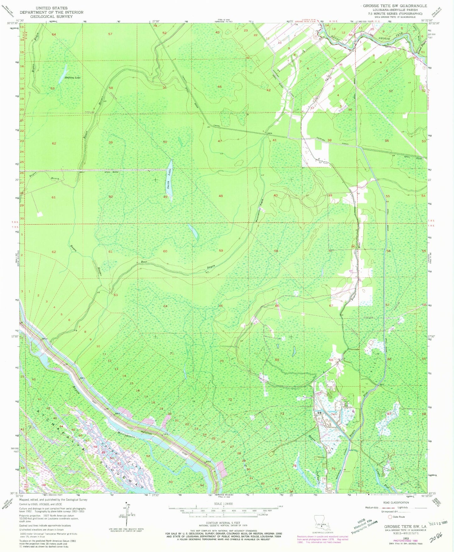 Classic USGS Grosse Tete SW Louisiana 7.5'x7.5' Topo Map Image