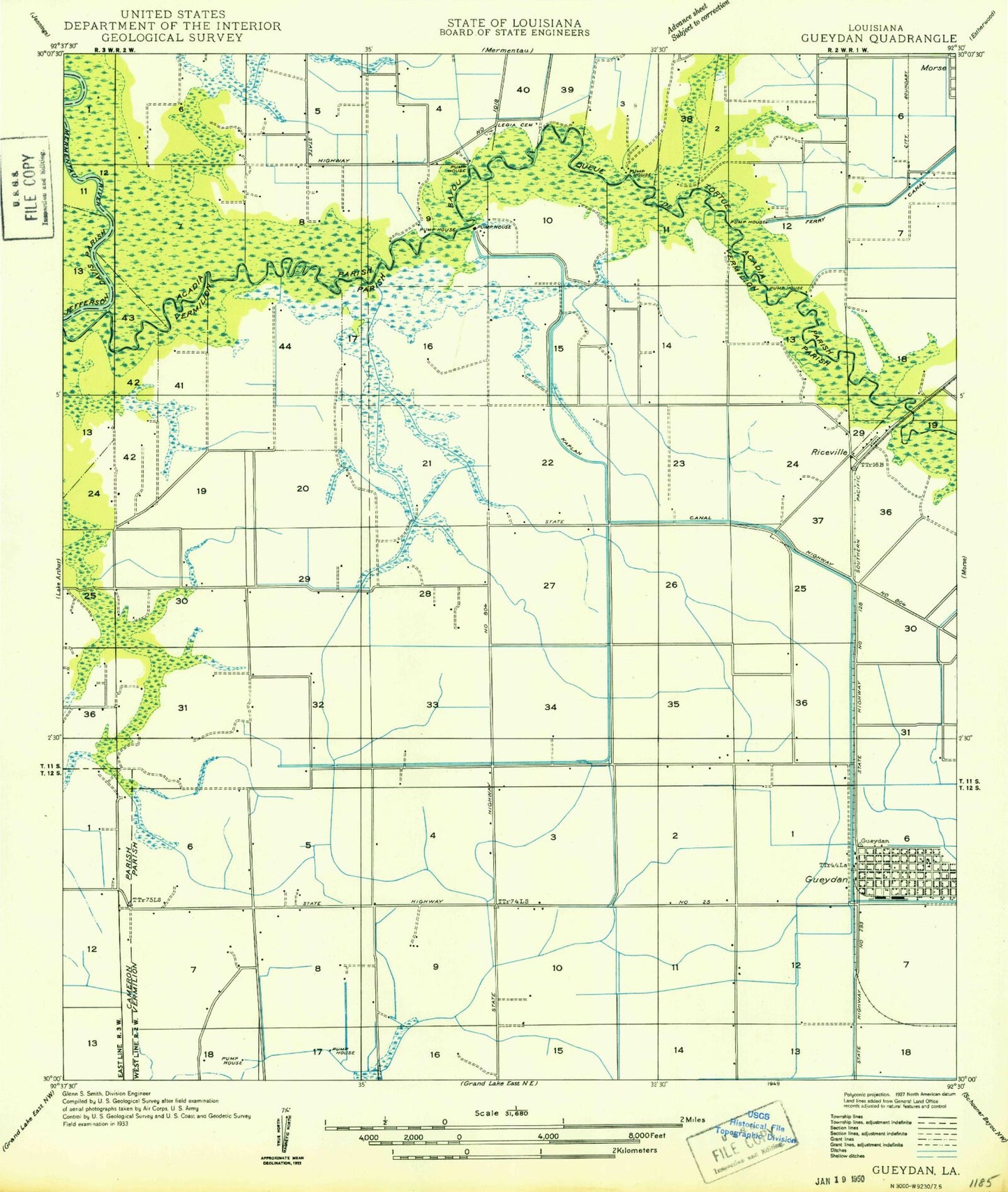 Classic USGS Gueydan Louisiana 7.5'x7.5' Topo Map Image