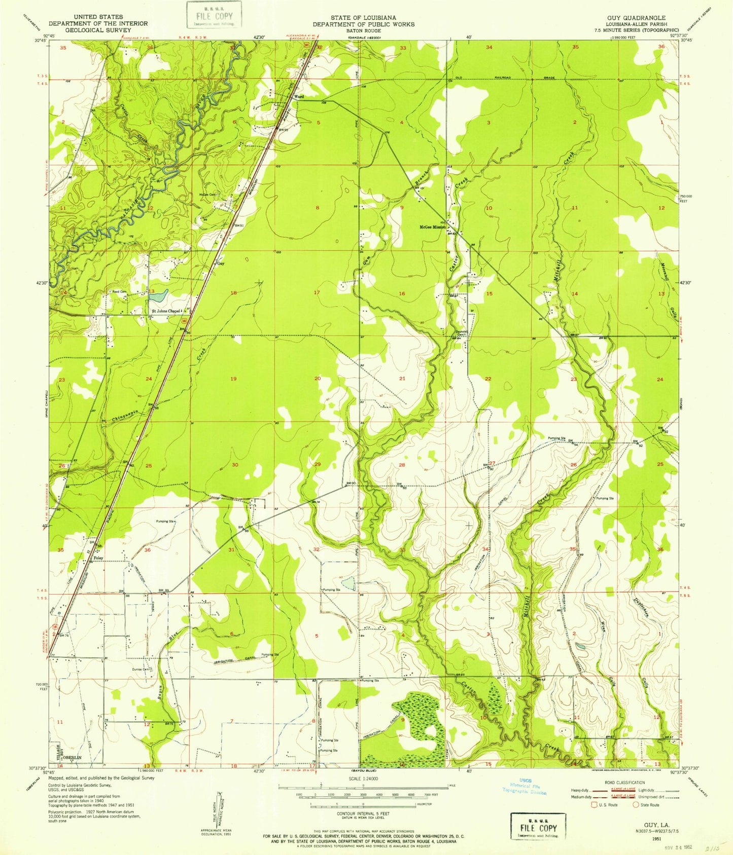 Classic USGS Guy Louisiana 7.5'x7.5' Topo Map Image