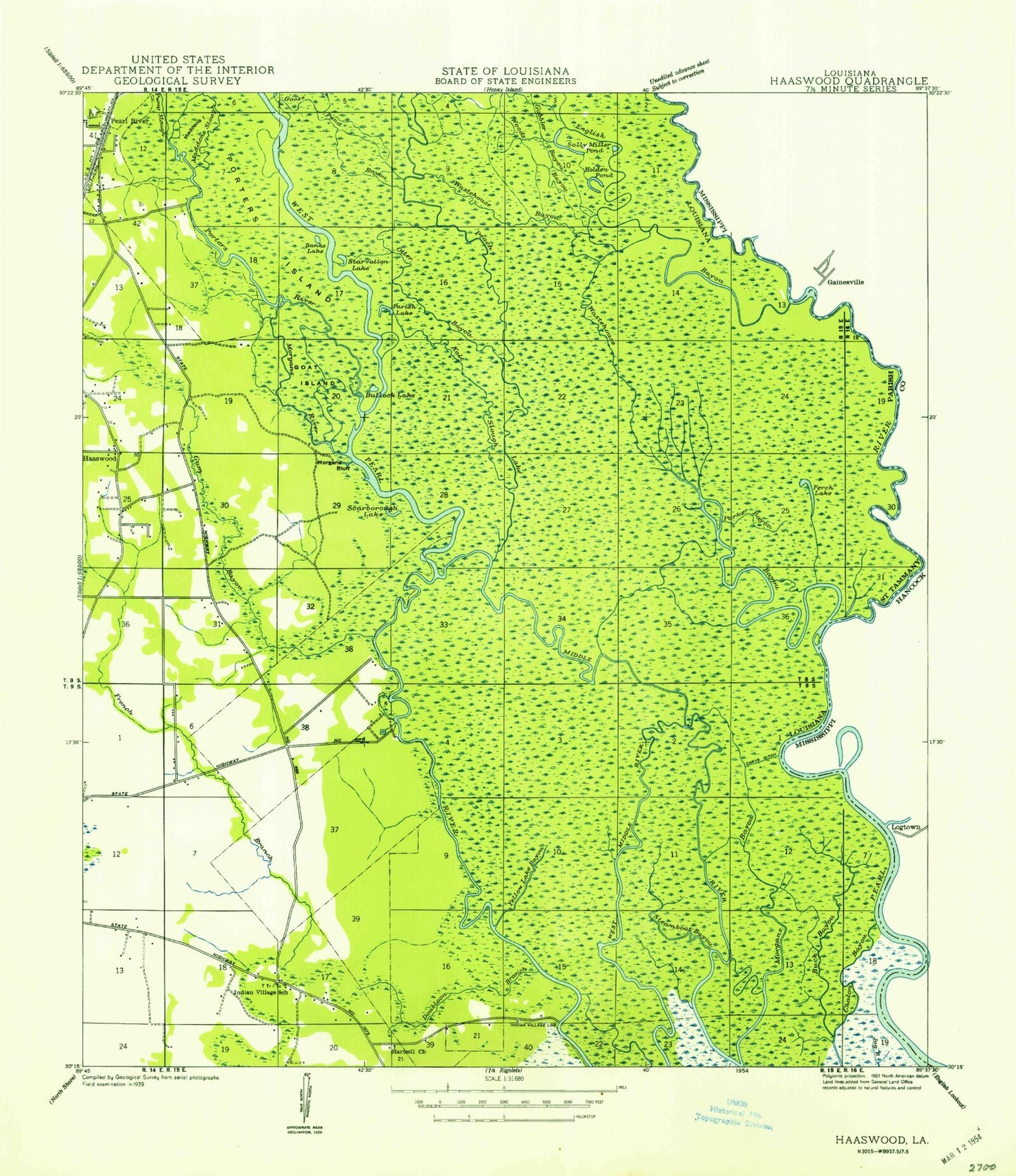 Classic USGS Haaswood Louisiana 7.5'x7.5' Topo Map Image