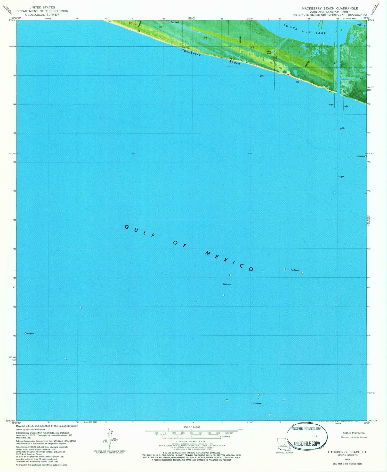 Classic USGS Hackberry Beach Louisiana 7.5'x7.5' Topo Map Image