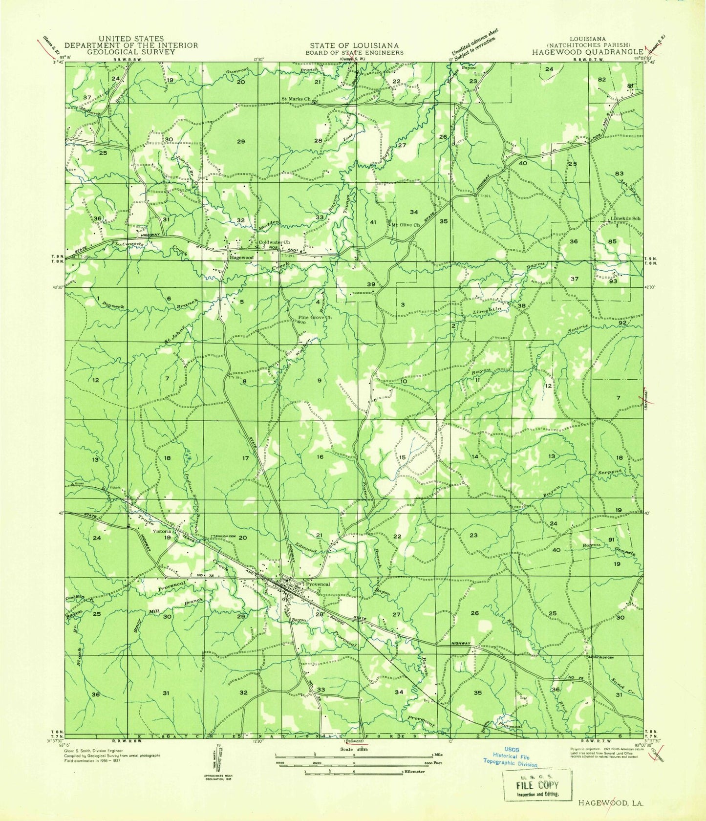 Classic USGS Provencal Louisiana 7.5'x7.5' Topo Map Image
