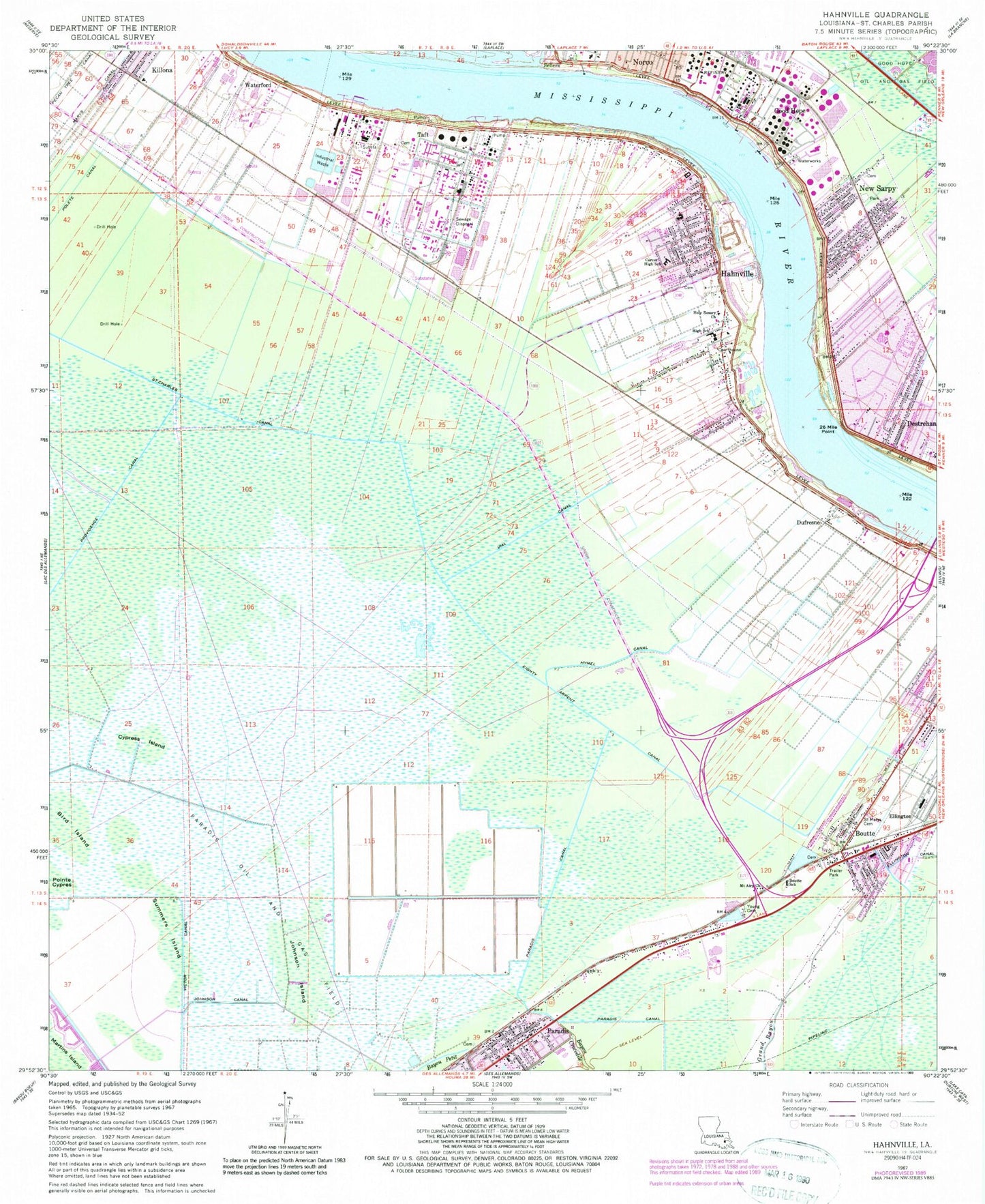 Classic USGS Hahnville Louisiana 7.5'x7.5' Topo Map Image