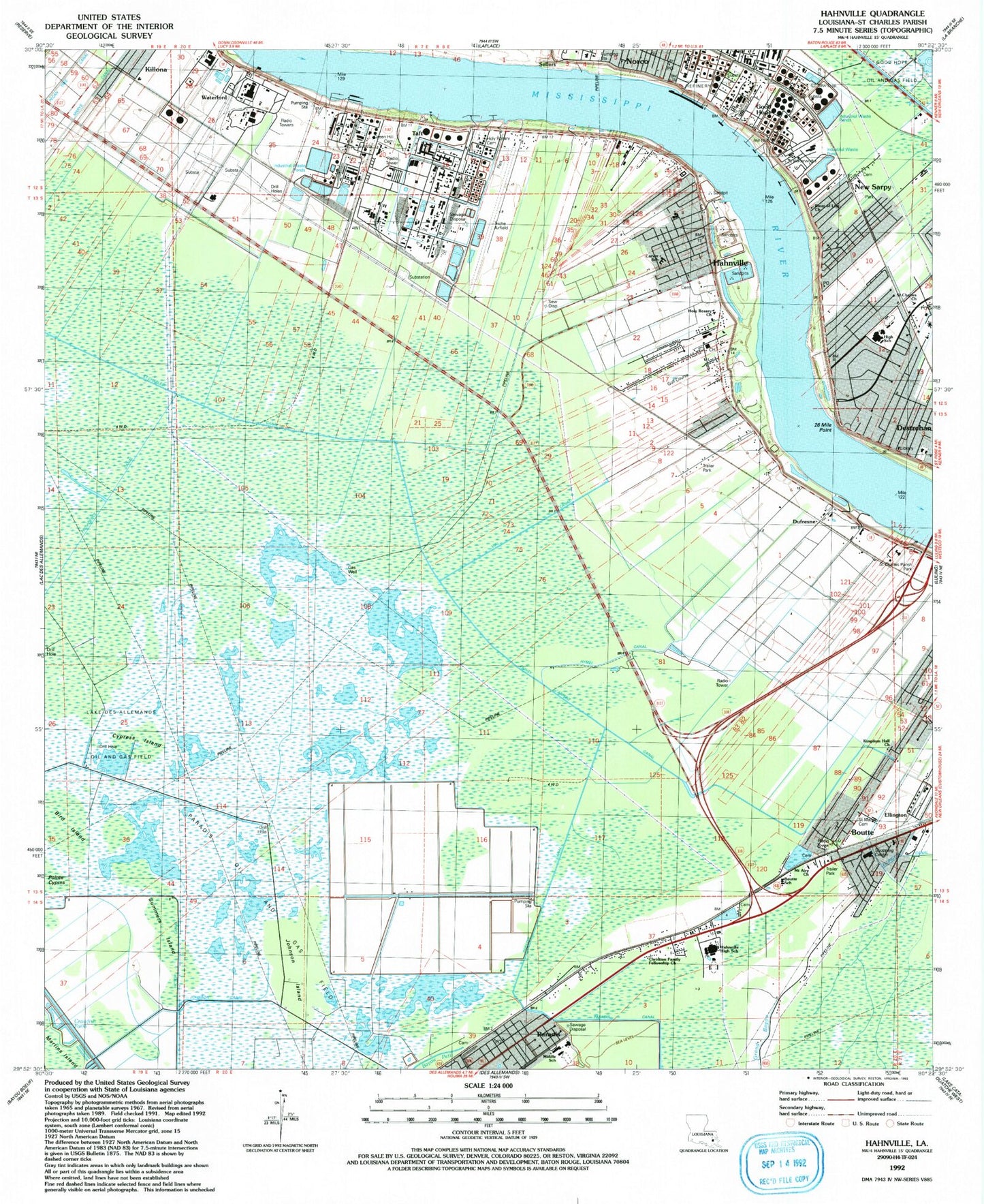 Classic USGS Hahnville Louisiana 7.5'x7.5' Topo Map Image