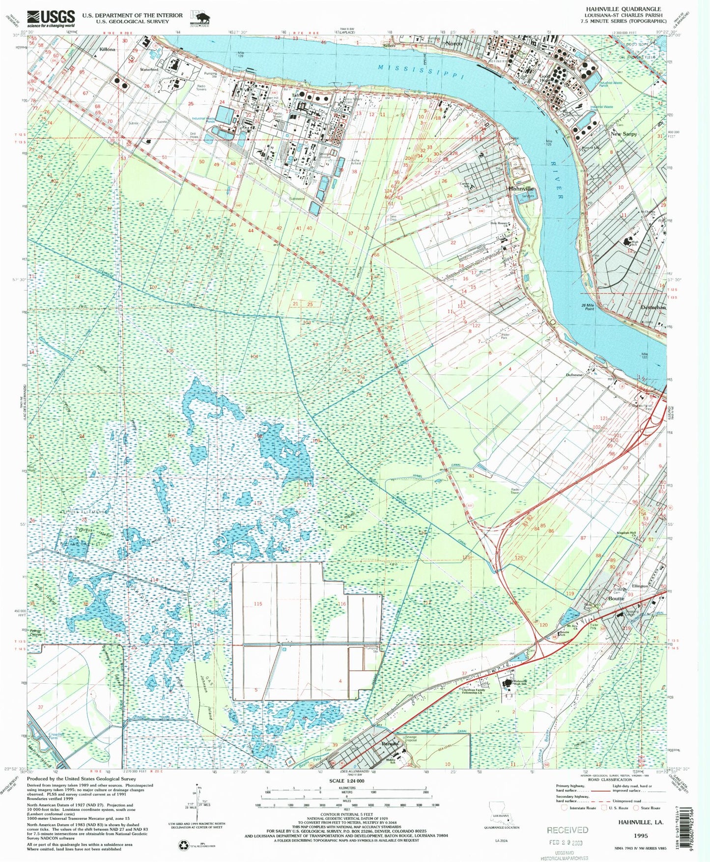 Classic USGS Hahnville Louisiana 7.5'x7.5' Topo Map Image