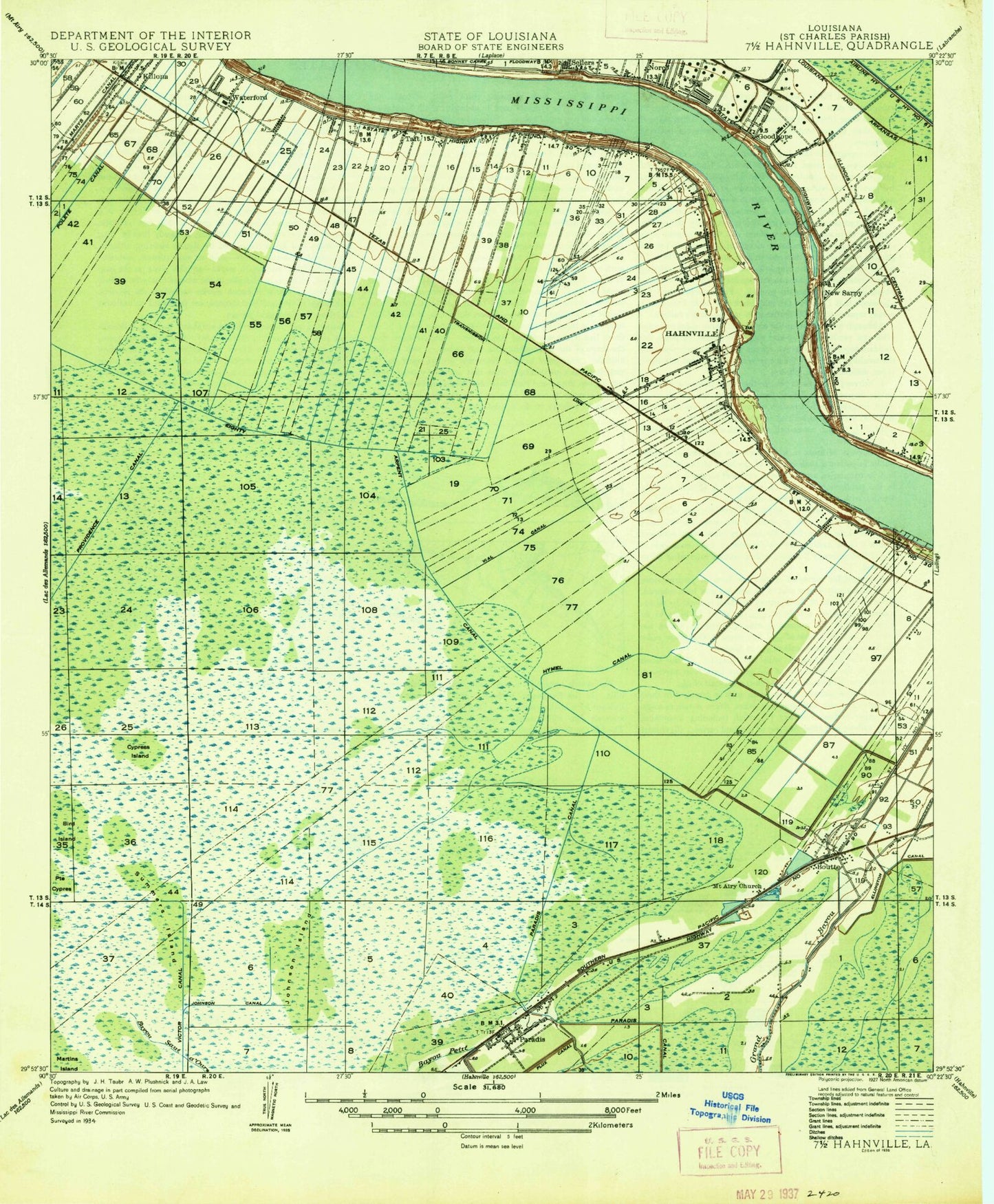 Classic USGS Hahnville Louisiana 7.5'x7.5' Topo Map Image