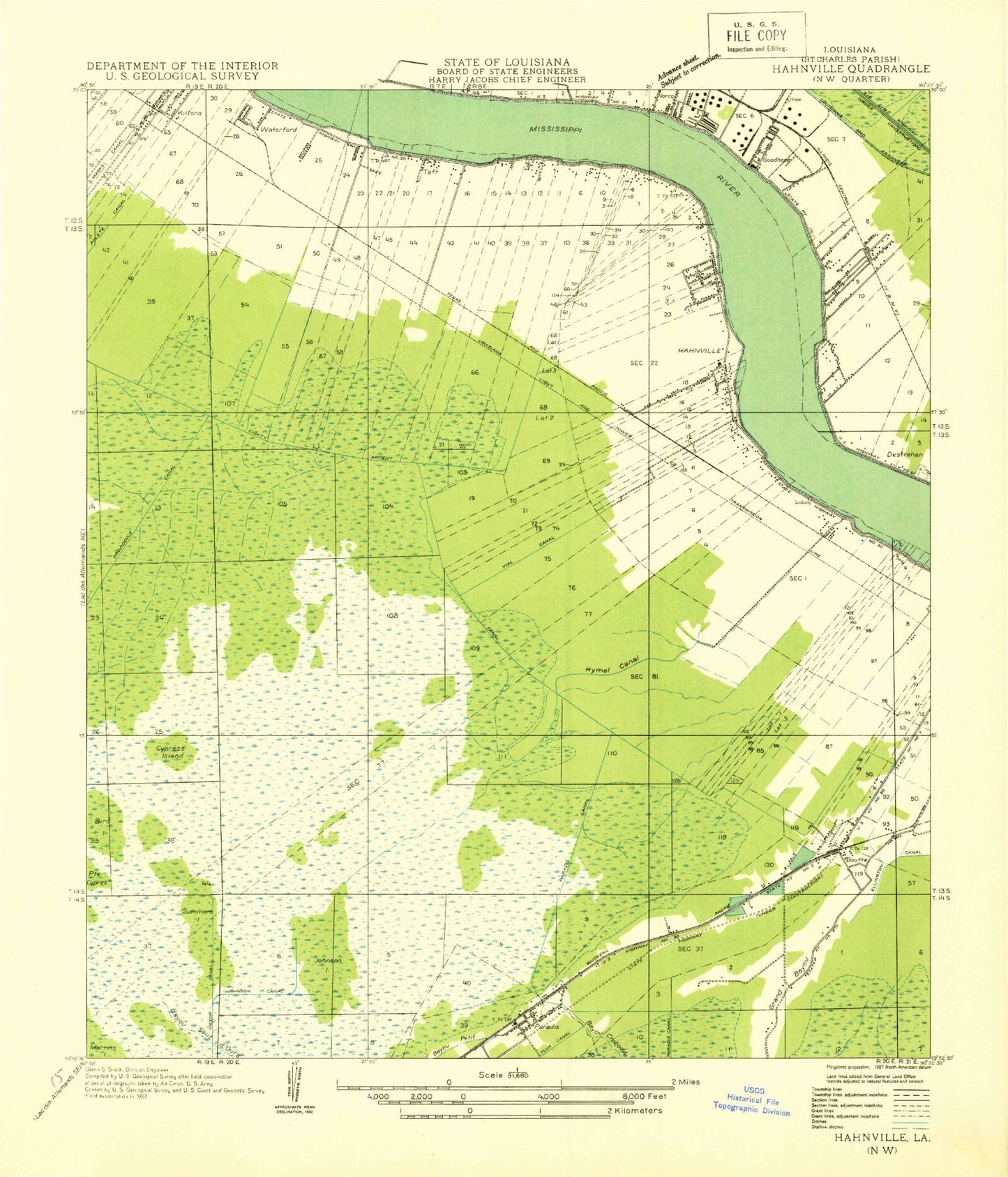 Classic USGS Hahnville Louisiana 7.5'x7.5' Topo Map Image