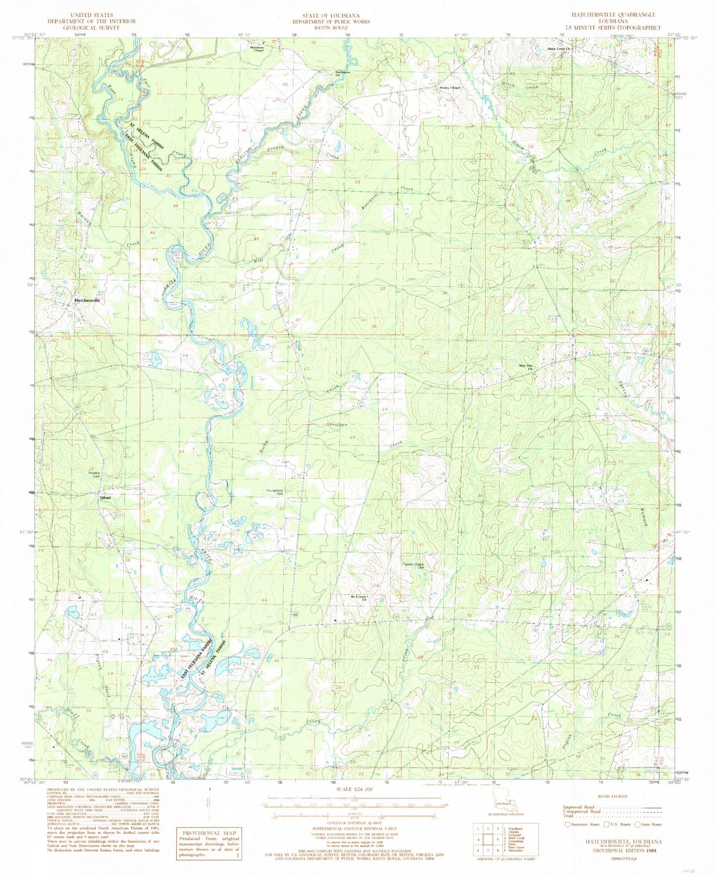 Classic USGS Hatchersville Louisiana 7.5'x7.5' Topo Map Image