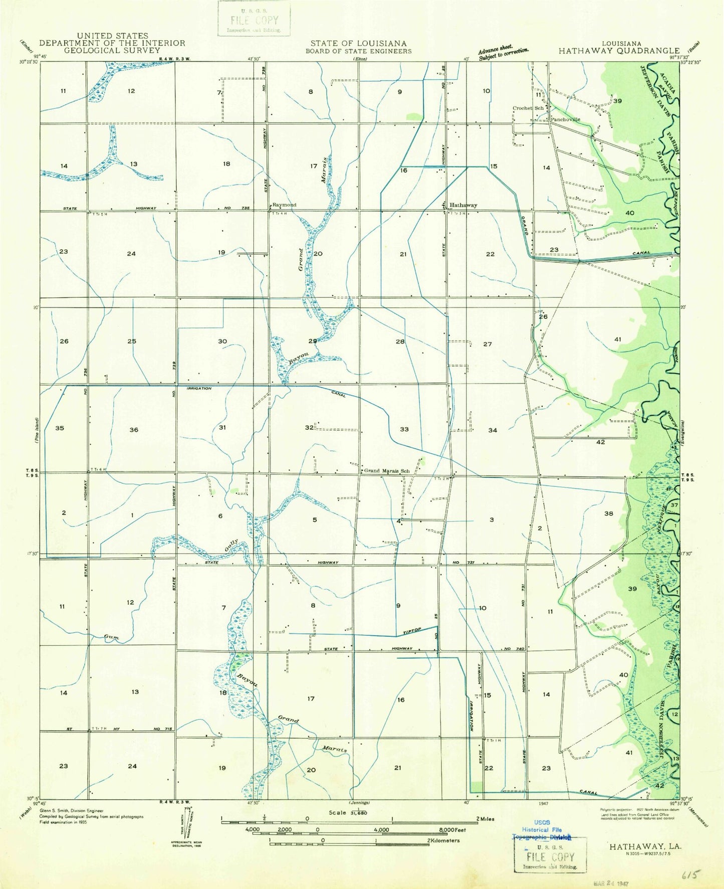 Classic USGS Hathaway Louisiana 7.5'x7.5' Topo Map Image