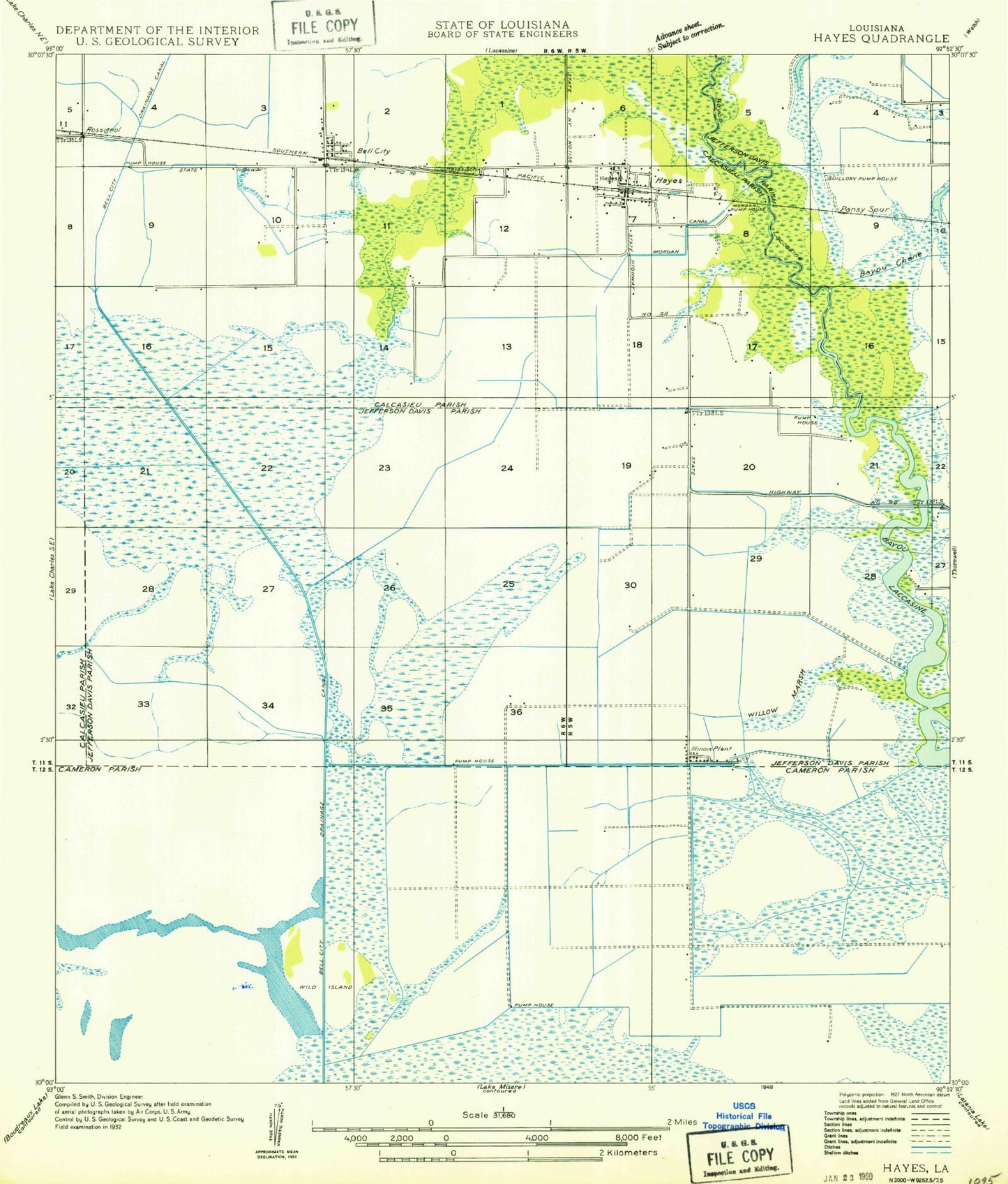 Classic USGS Hayes Louisiana 7.5'x7.5' Topo Map Image