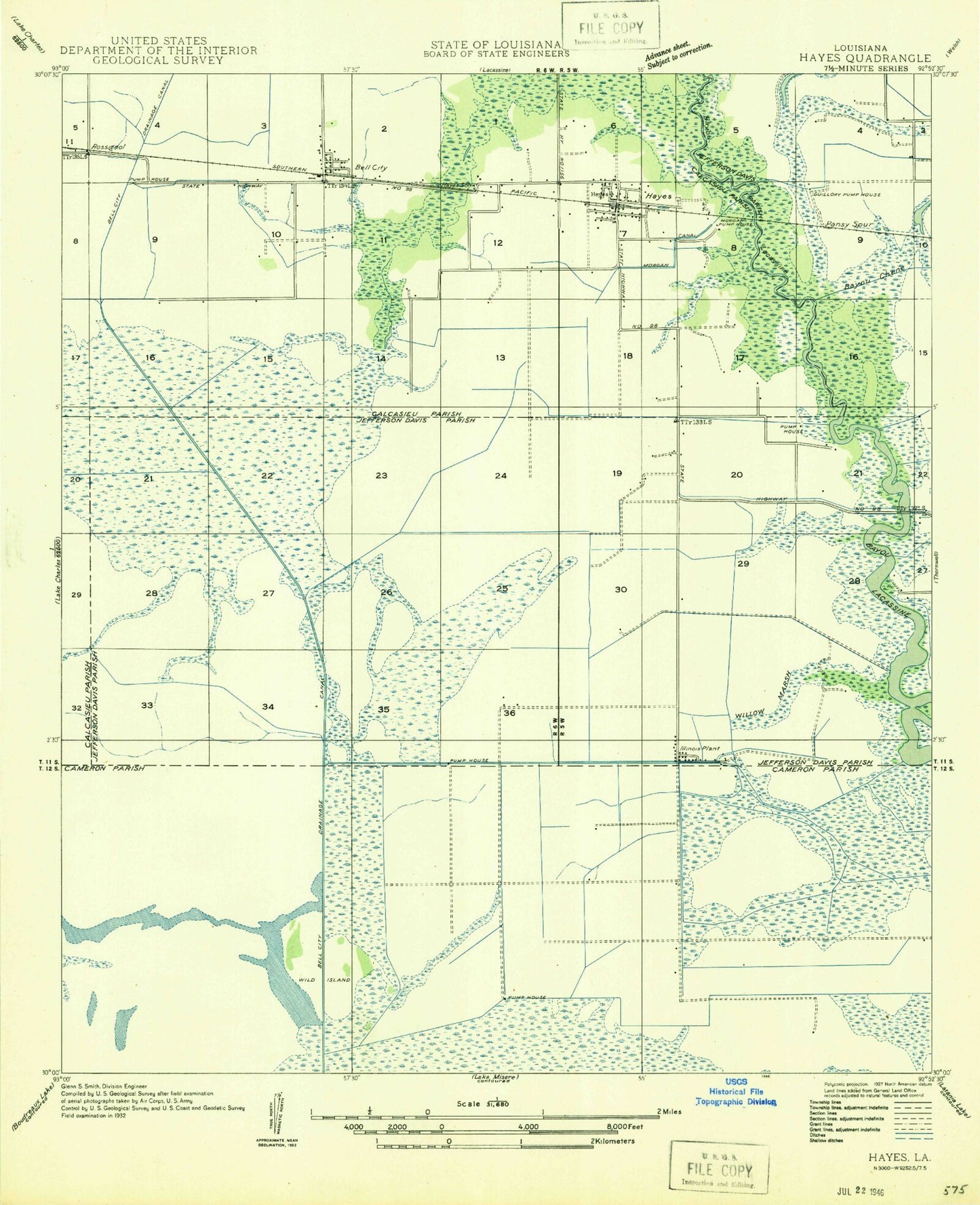 Classic USGS Hayes Louisiana 7.5'x7.5' Topo Map Image