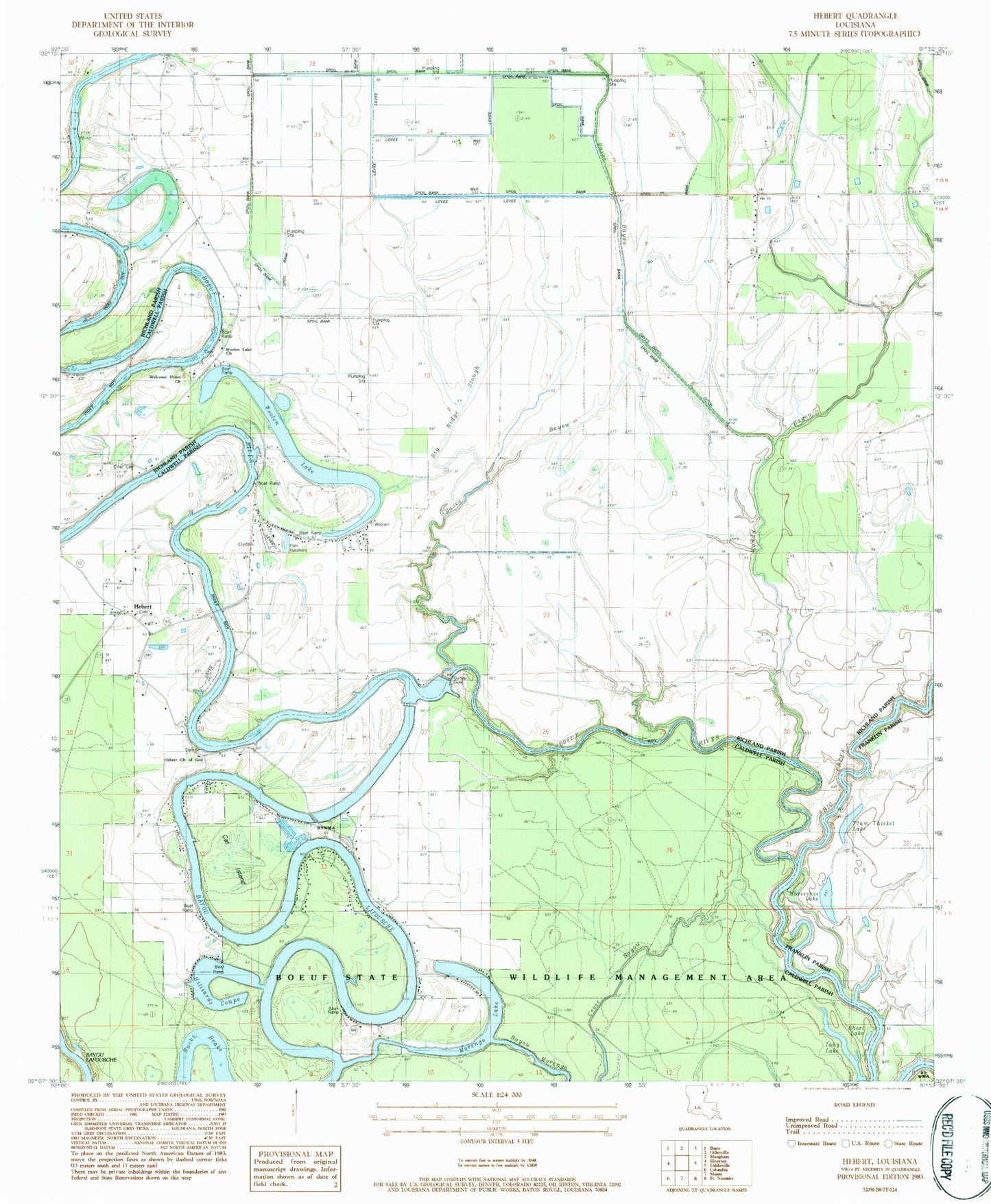 Classic USGS Hebert Louisiana 7.5'x7.5' Topo Map Image