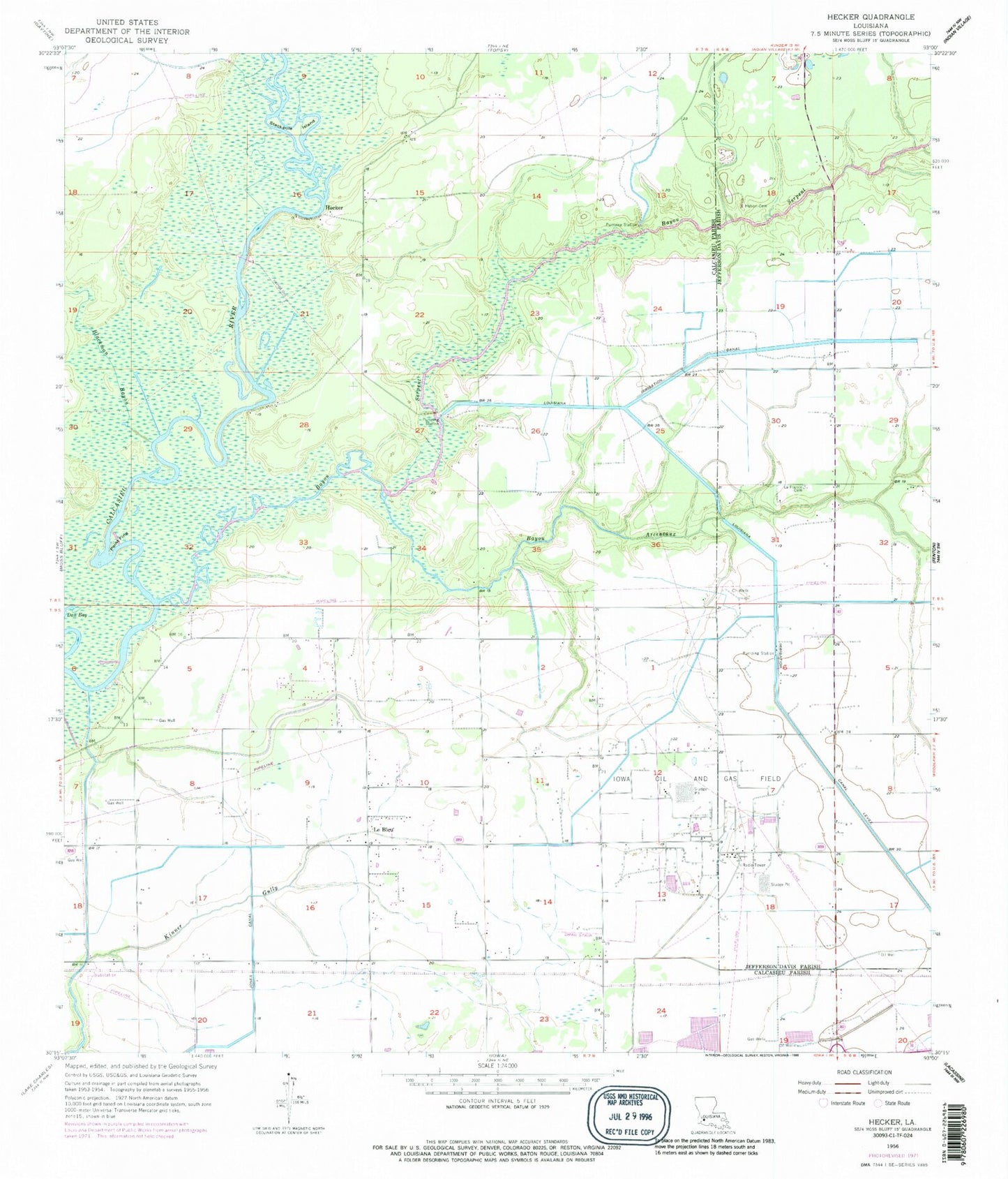 Classic USGS Hecker Louisiana 7.5'x7.5' Topo Map Image