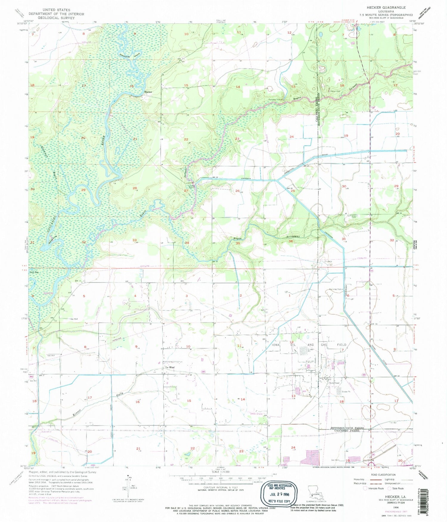 Classic USGS Hecker Louisiana 7.5'x7.5' Topo Map Image