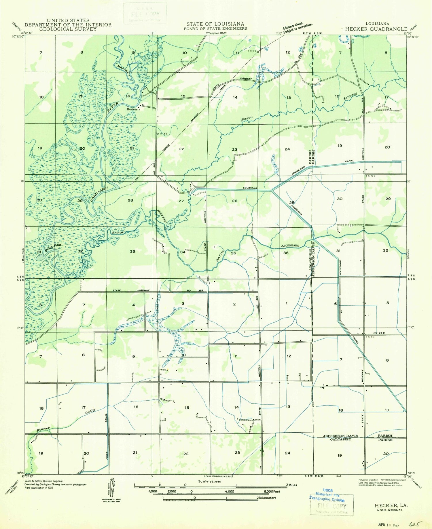 Classic USGS Hecker Louisiana 7.5'x7.5' Topo Map Image