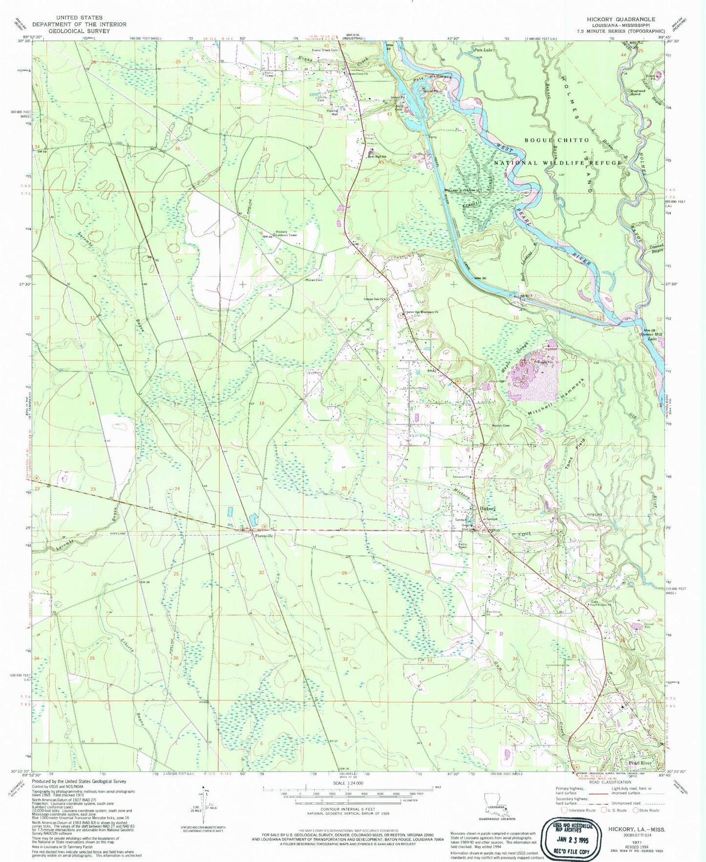 Classic USGS Hickory Louisiana 7.5'x7.5' Topo Map Image