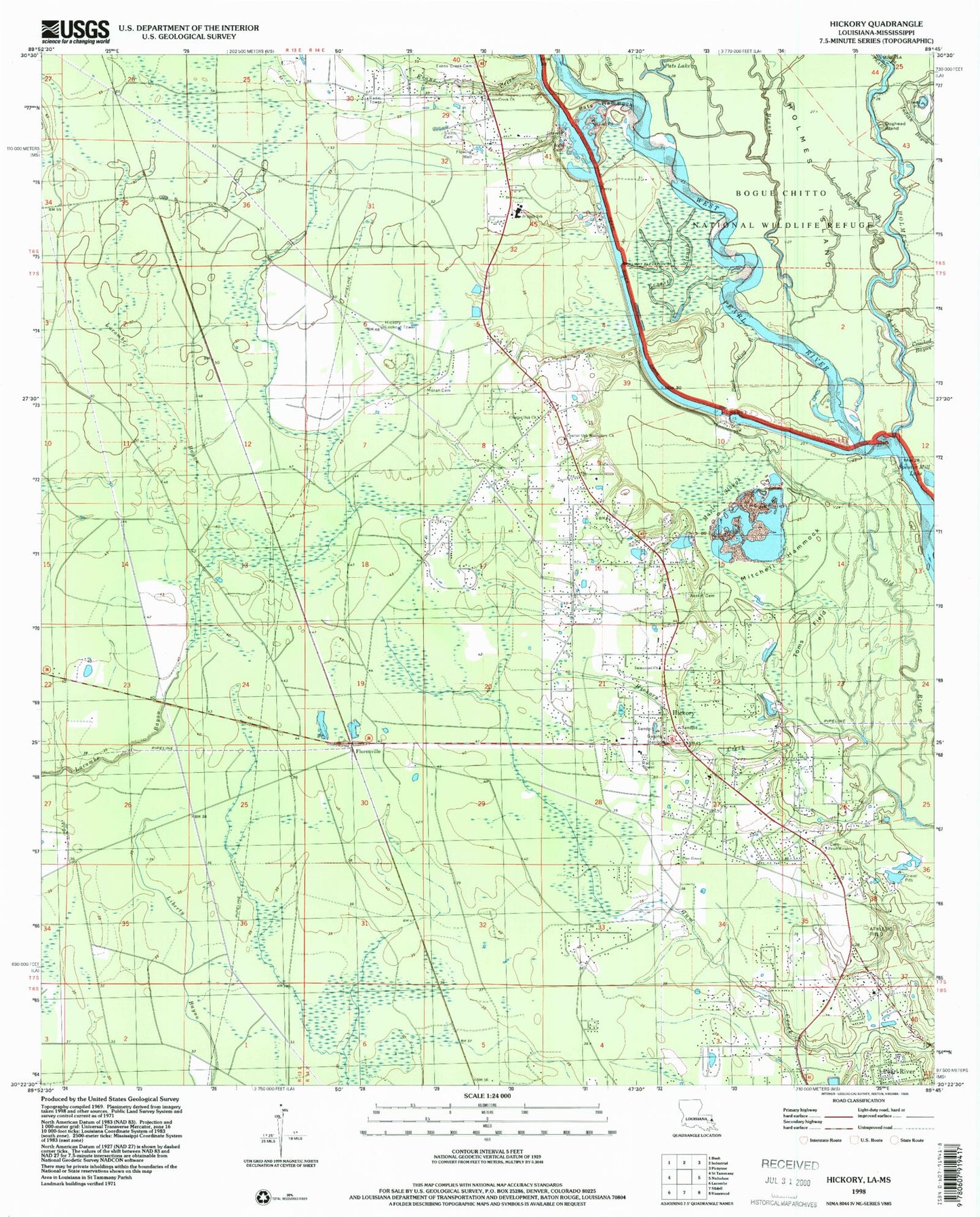 Classic USGS Hickory Louisiana 7.5'x7.5' Topo Map Image