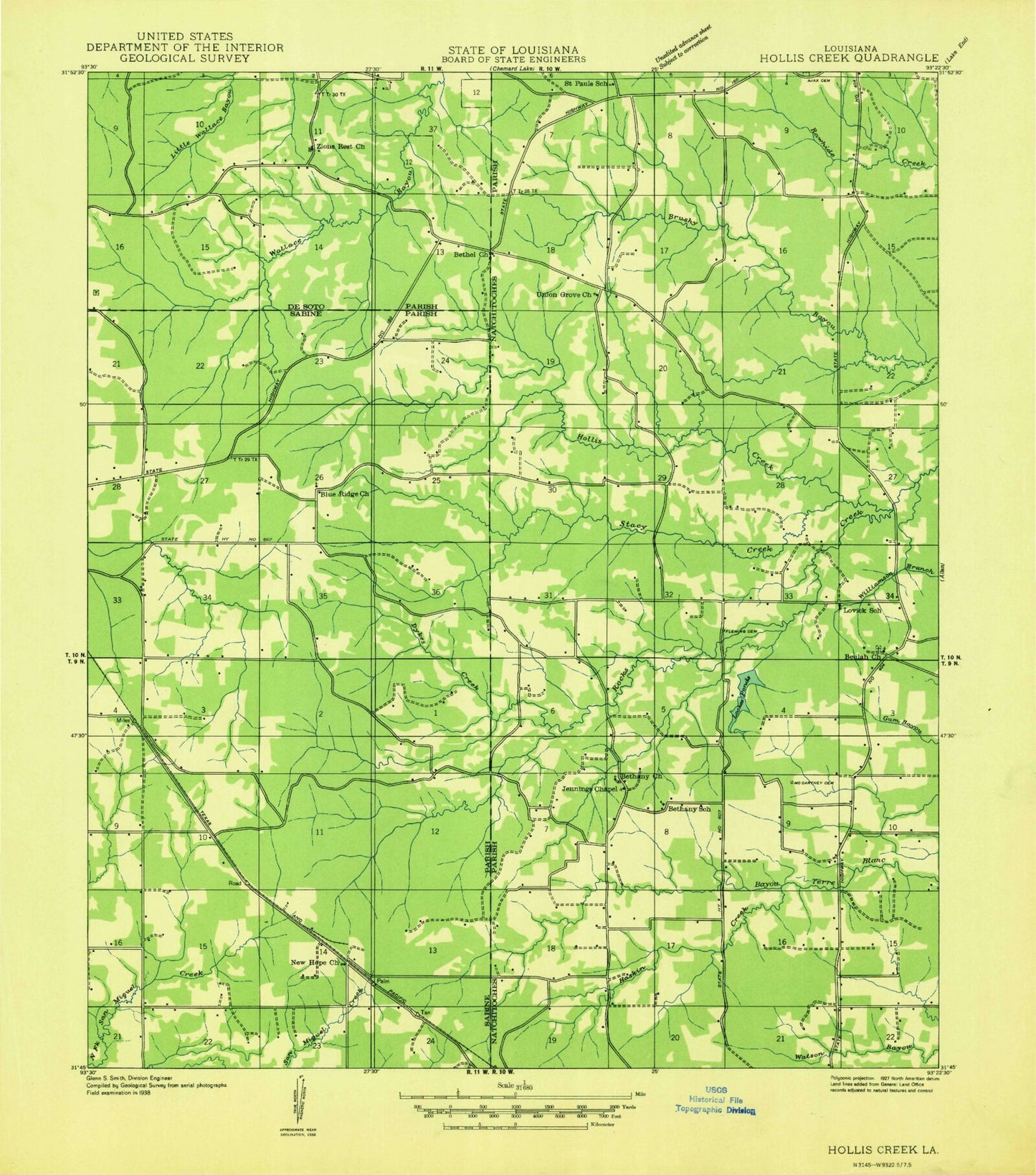 Classic USGS Hollis Creek Louisiana 7.5'x7.5' Topo Map Image