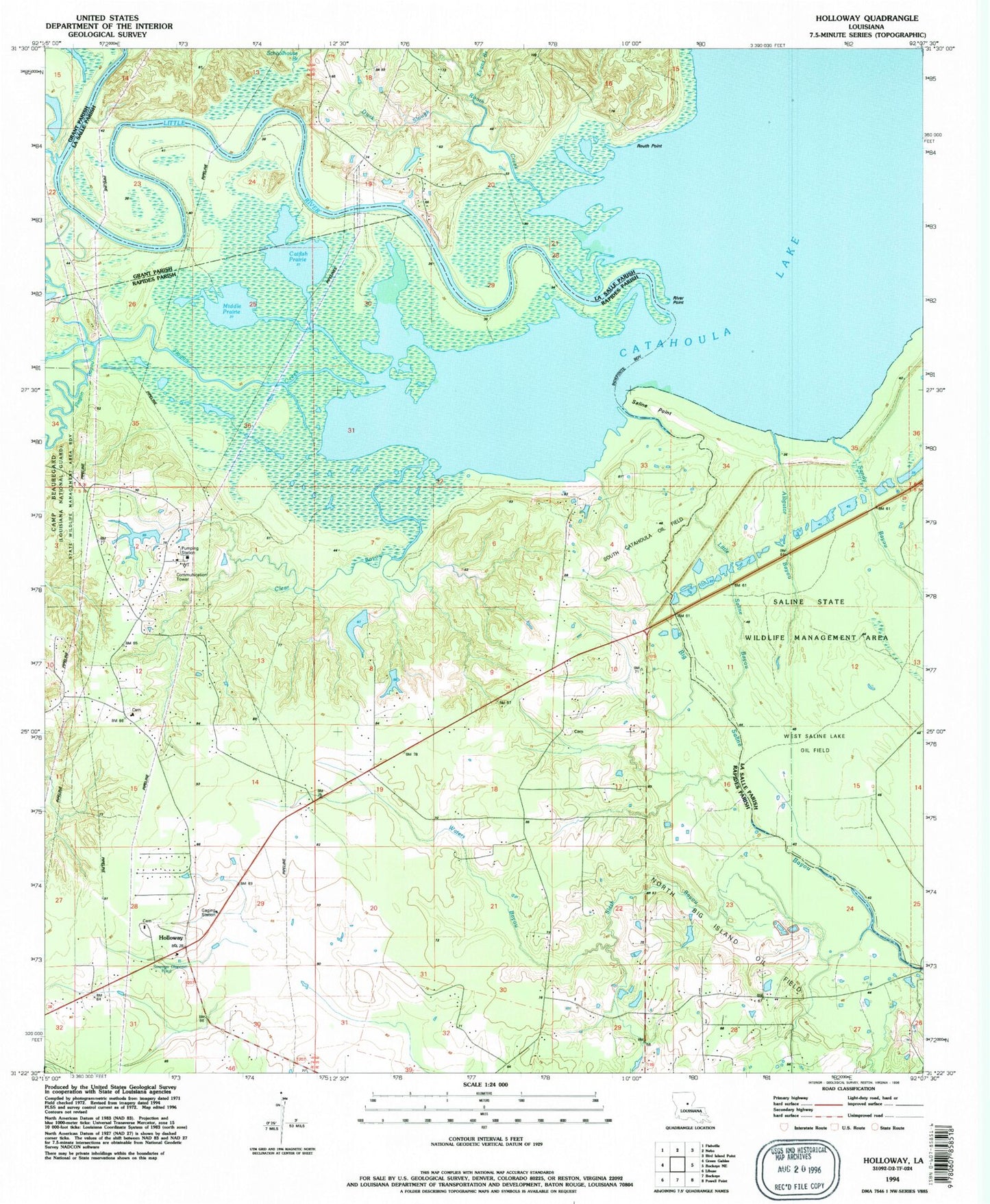 Classic USGS Holloway Louisiana 7.5'x7.5' Topo Map Image