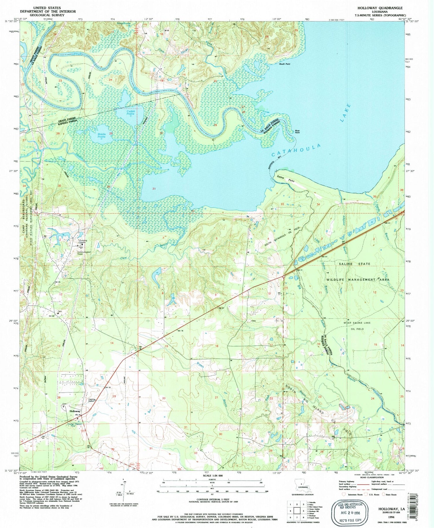 Classic USGS Holloway Louisiana 7.5'x7.5' Topo Map Image