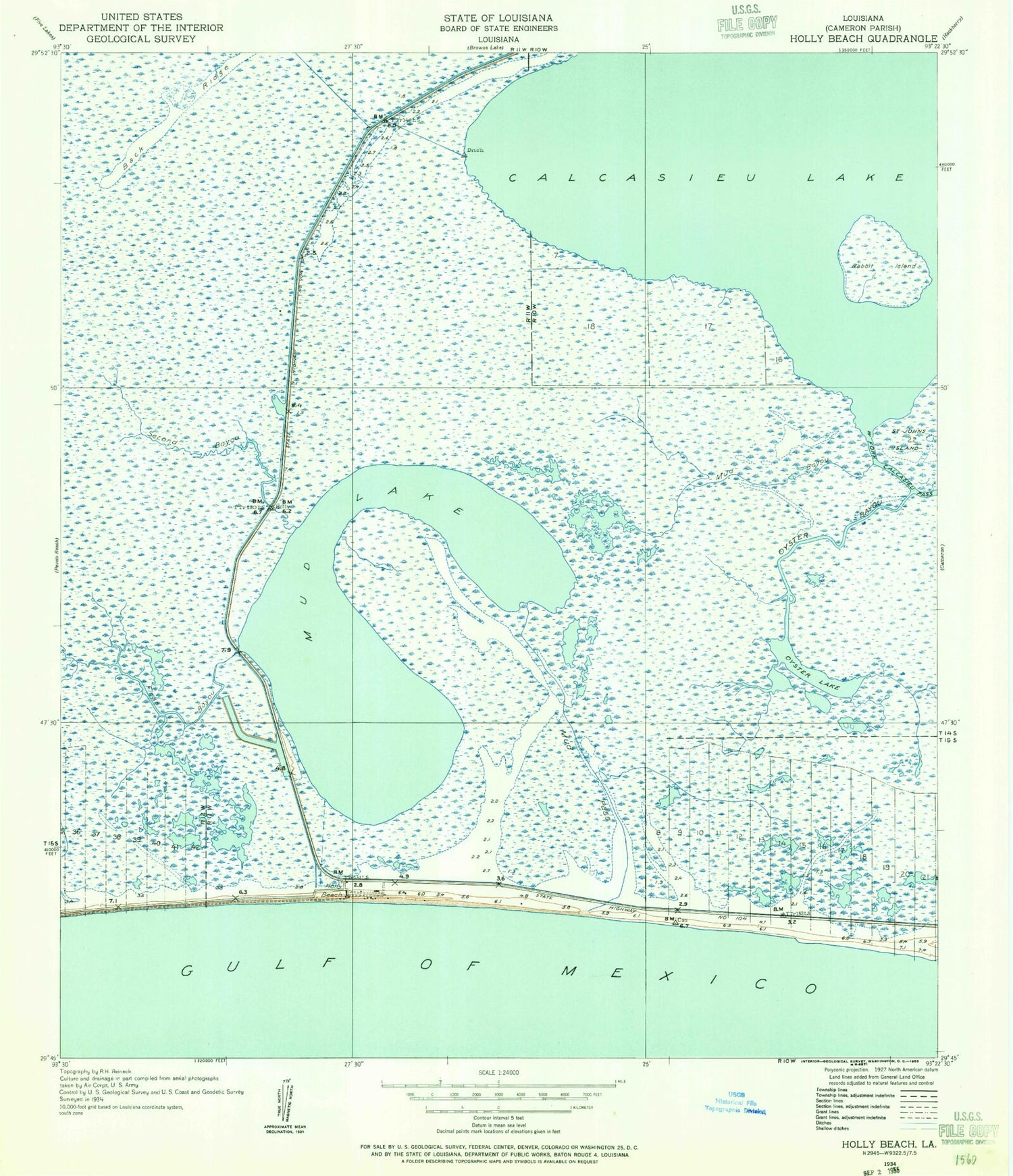 Classic USGS Holly Beach Louisiana 7.5'x7.5' Topo Map Image