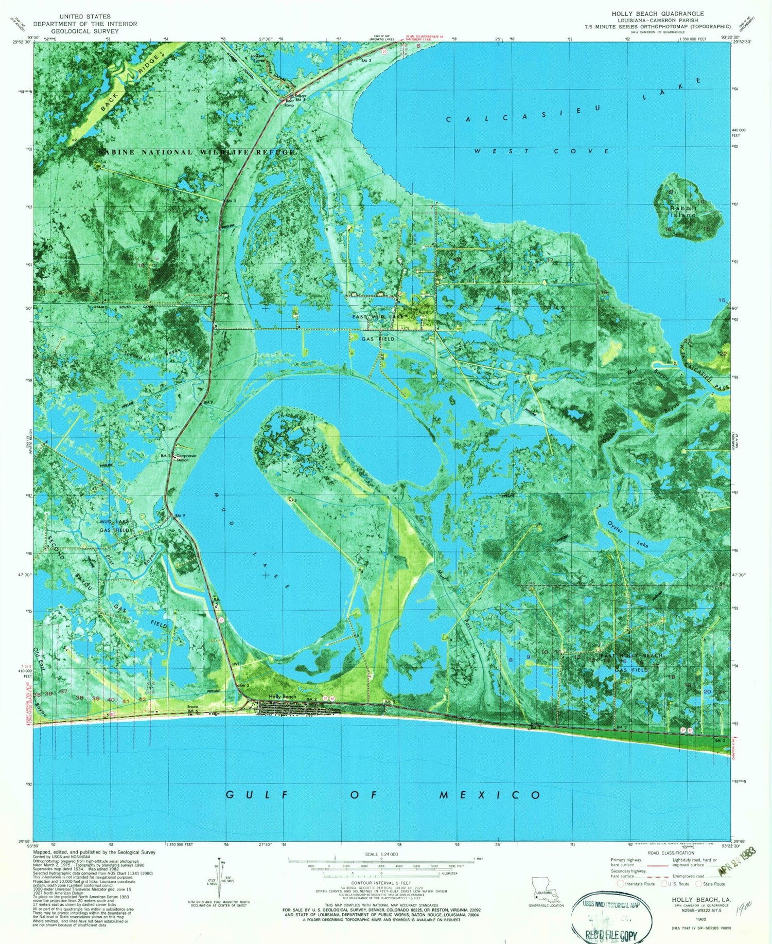 Classic USGS Holly Beach Louisiana 7.5'x7.5' Topo Map Image
