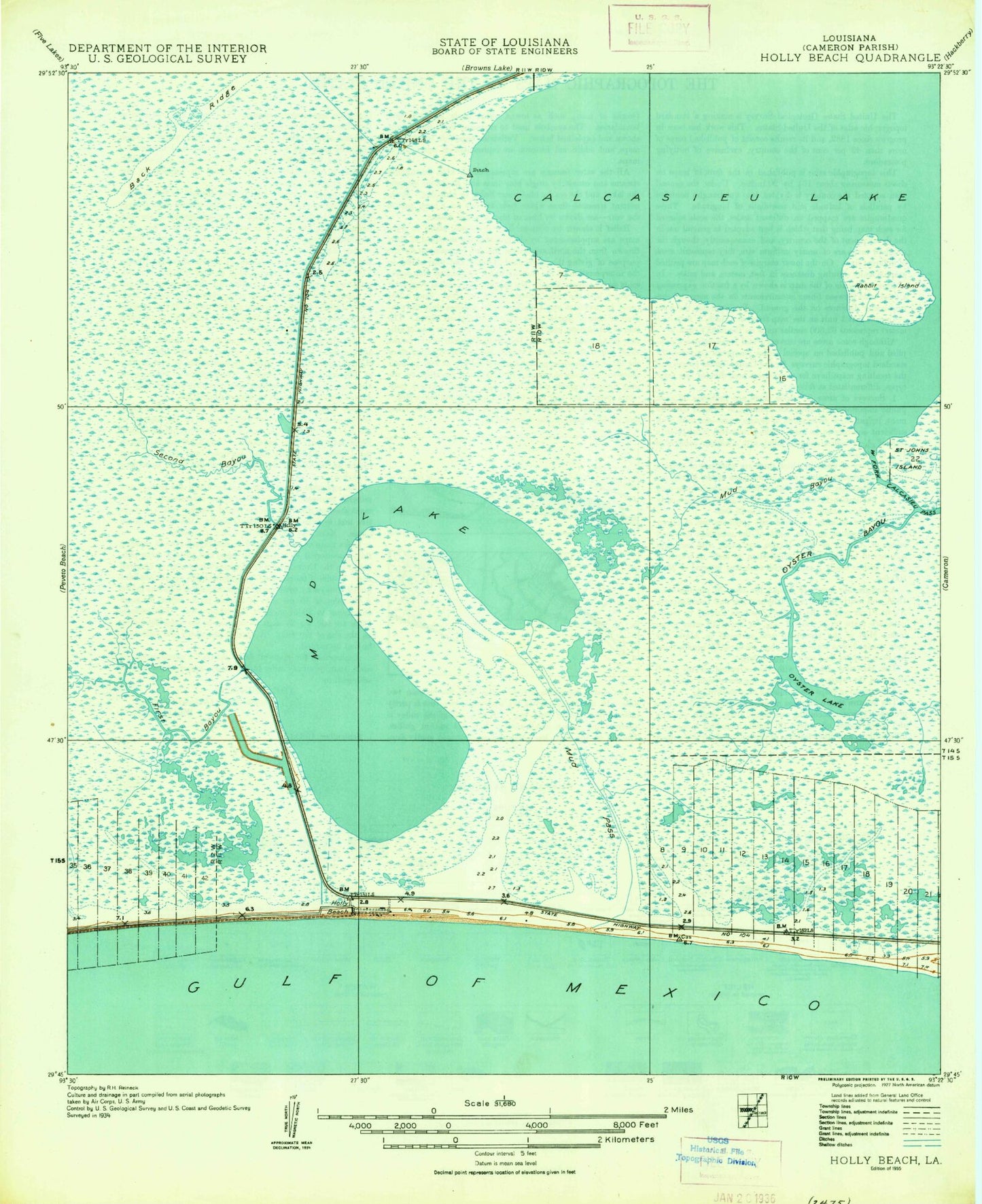Classic USGS Holly Beach Louisiana 7.5'x7.5' Topo Map Image
