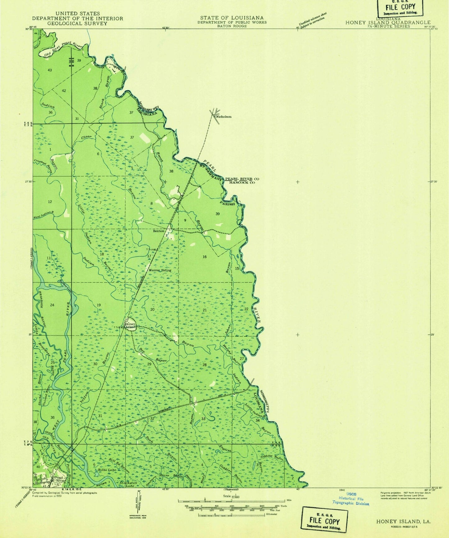 Classic USGS Nicholson Mississippi 7.5'x7.5' Topo Map Image