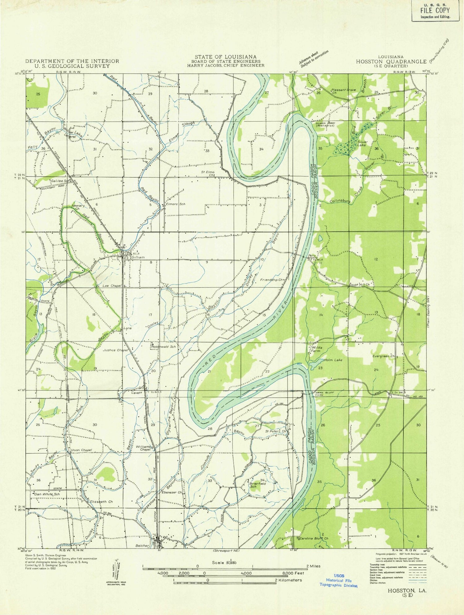 Classic USGS Gilliam Louisiana 7.5'x7.5' Topo Map Image