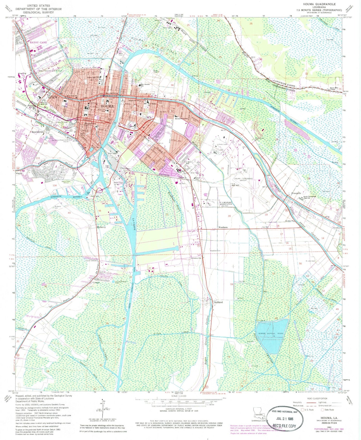 Classic USGS Houma Louisiana 7.5'x7.5' Topo Map Image