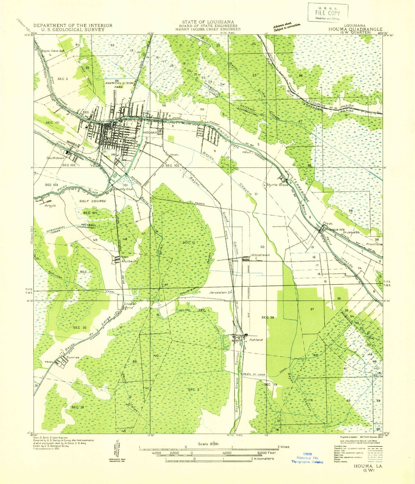 Classic USGS Houma Louisiana 7.5'x7.5' Topo Map Image