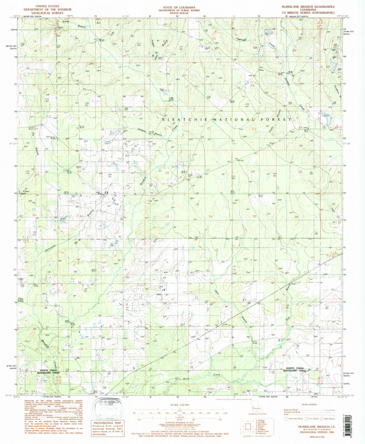 Classic USGS Hurricane Branch Louisiana 7.5'x7.5' Topo Map Image