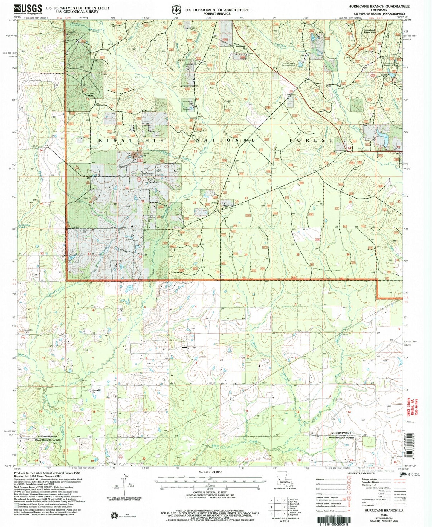 Classic USGS Hurricane Branch Louisiana 7.5'x7.5' Topo Map Image