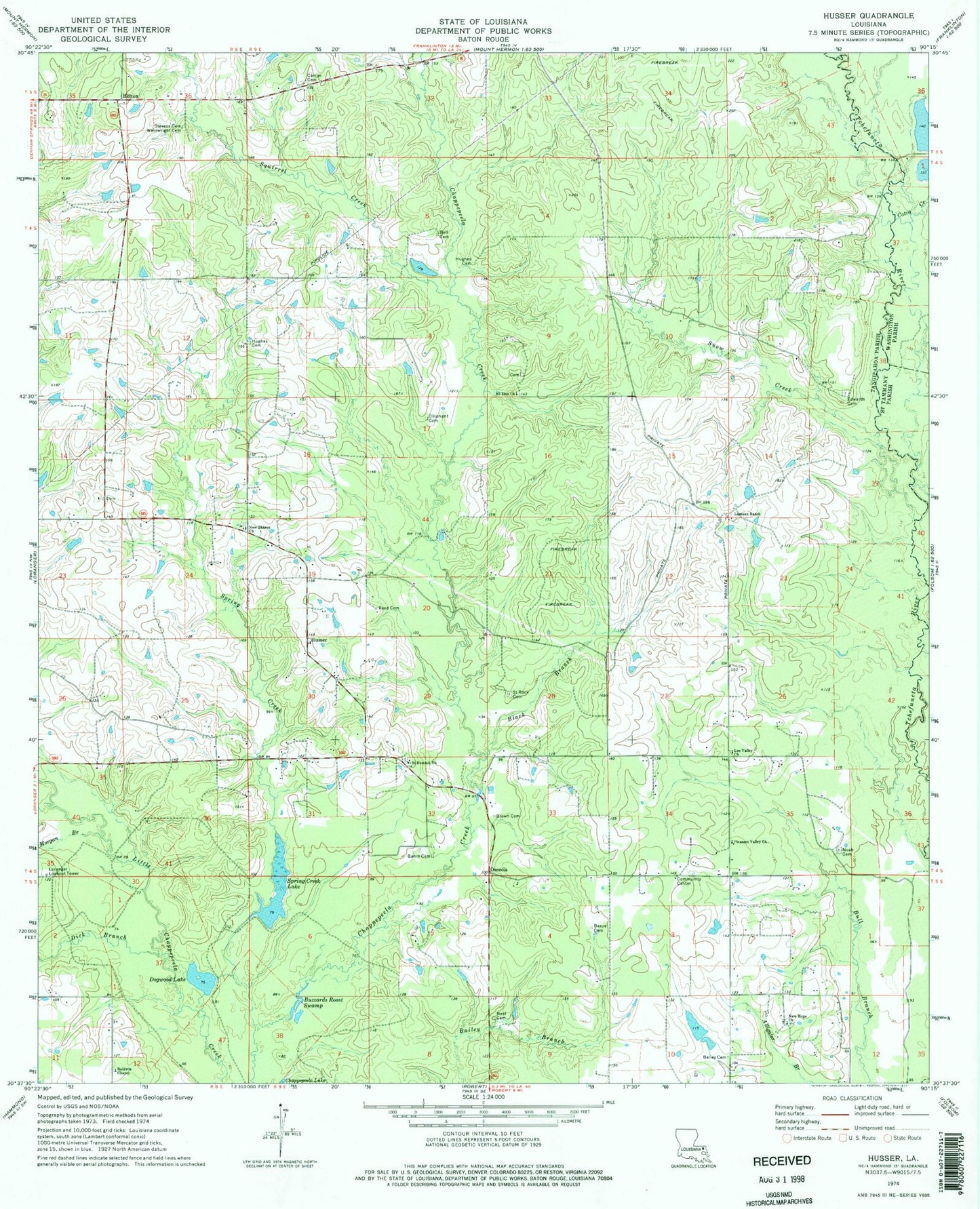 Classic USGS Husser Louisiana 7.5'x7.5' Topo Map Image