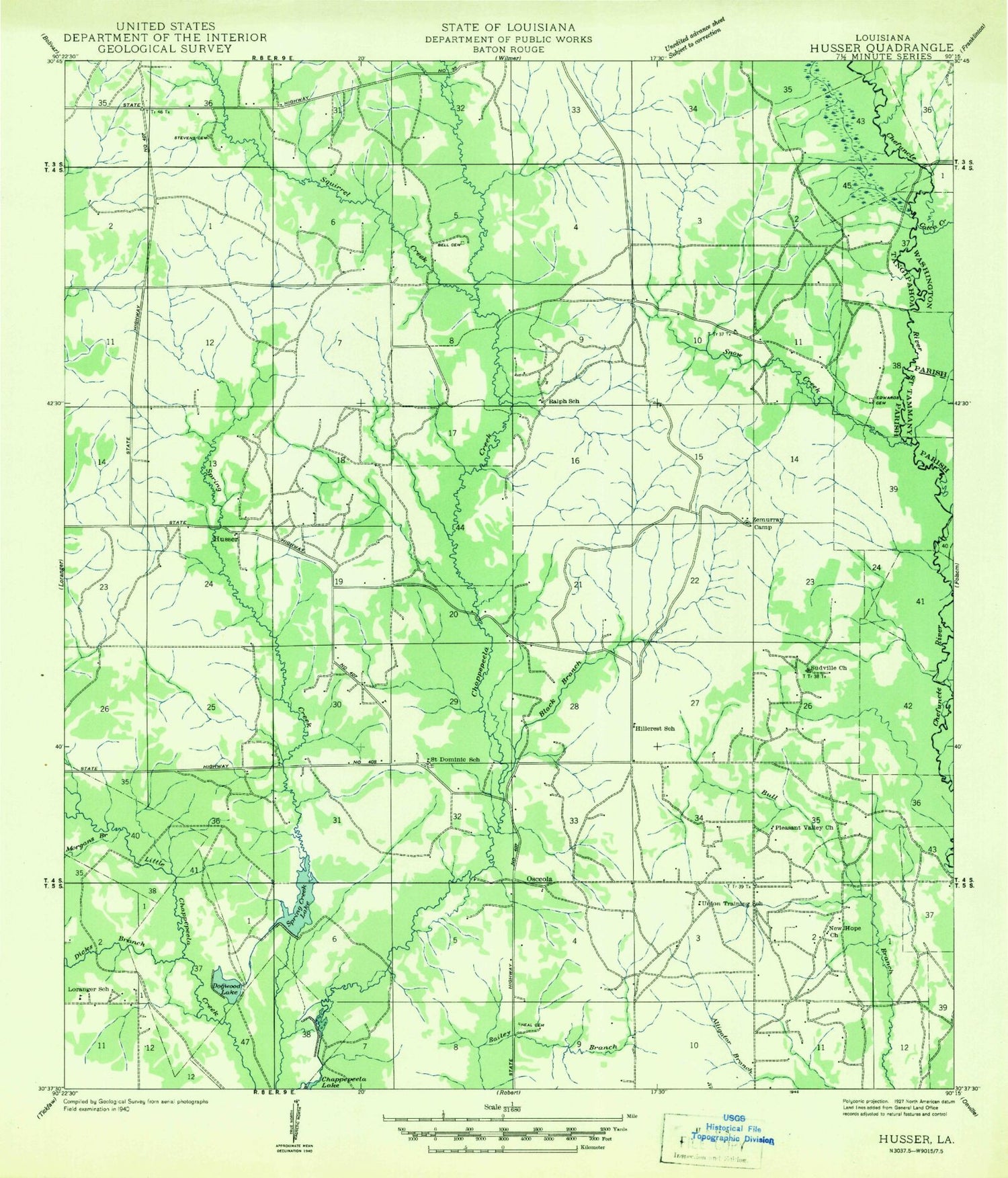 Classic USGS Husser Louisiana 7.5'x7.5' Topo Map Image