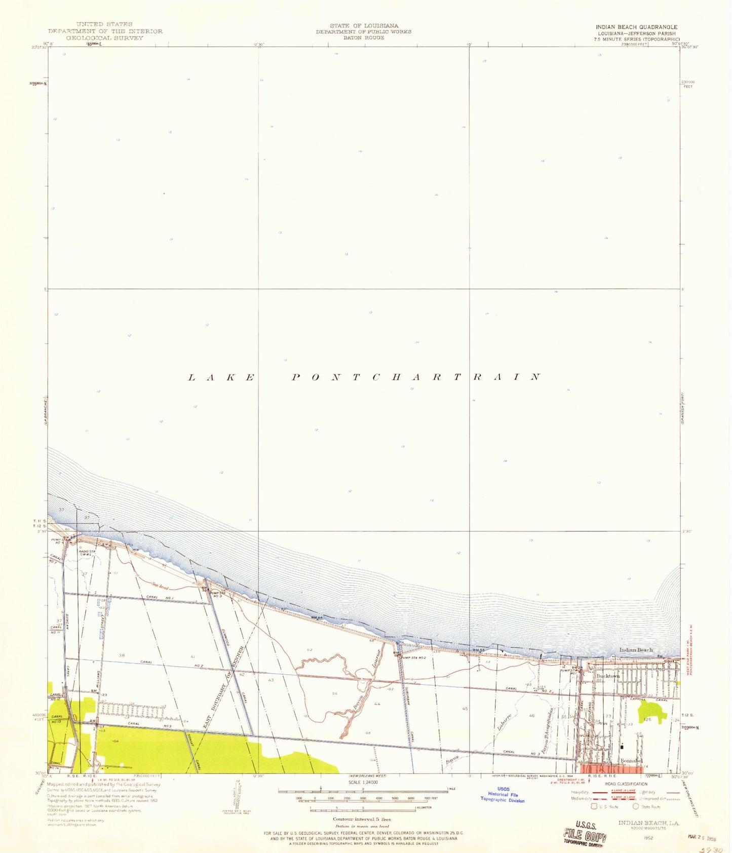 Classic USGS Indian Beach Louisiana 7.5'x7.5' Topo Map Image