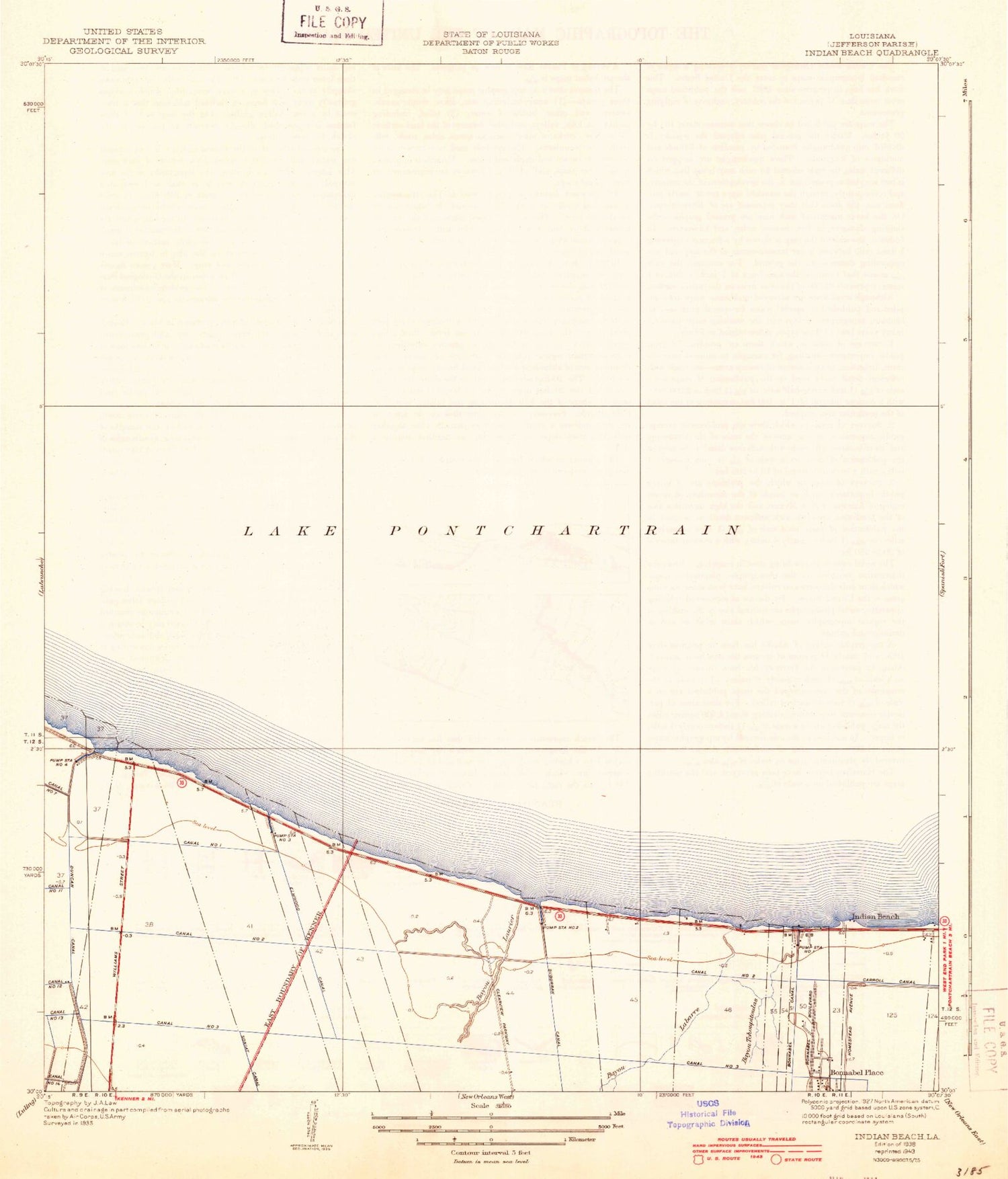 Classic USGS Indian Beach Louisiana 7.5'x7.5' Topo Map Image