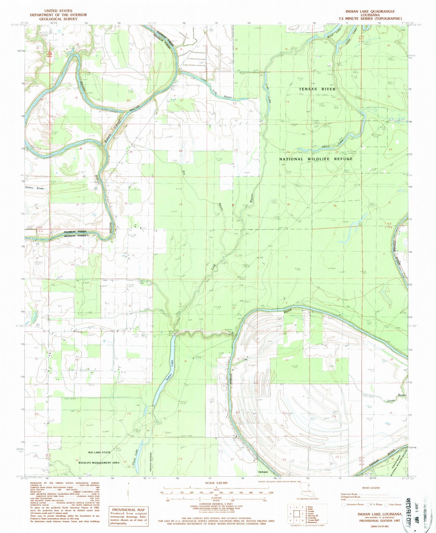 Classic USGS Indian Lake Louisiana 7.5'x7.5' Topo Map Image