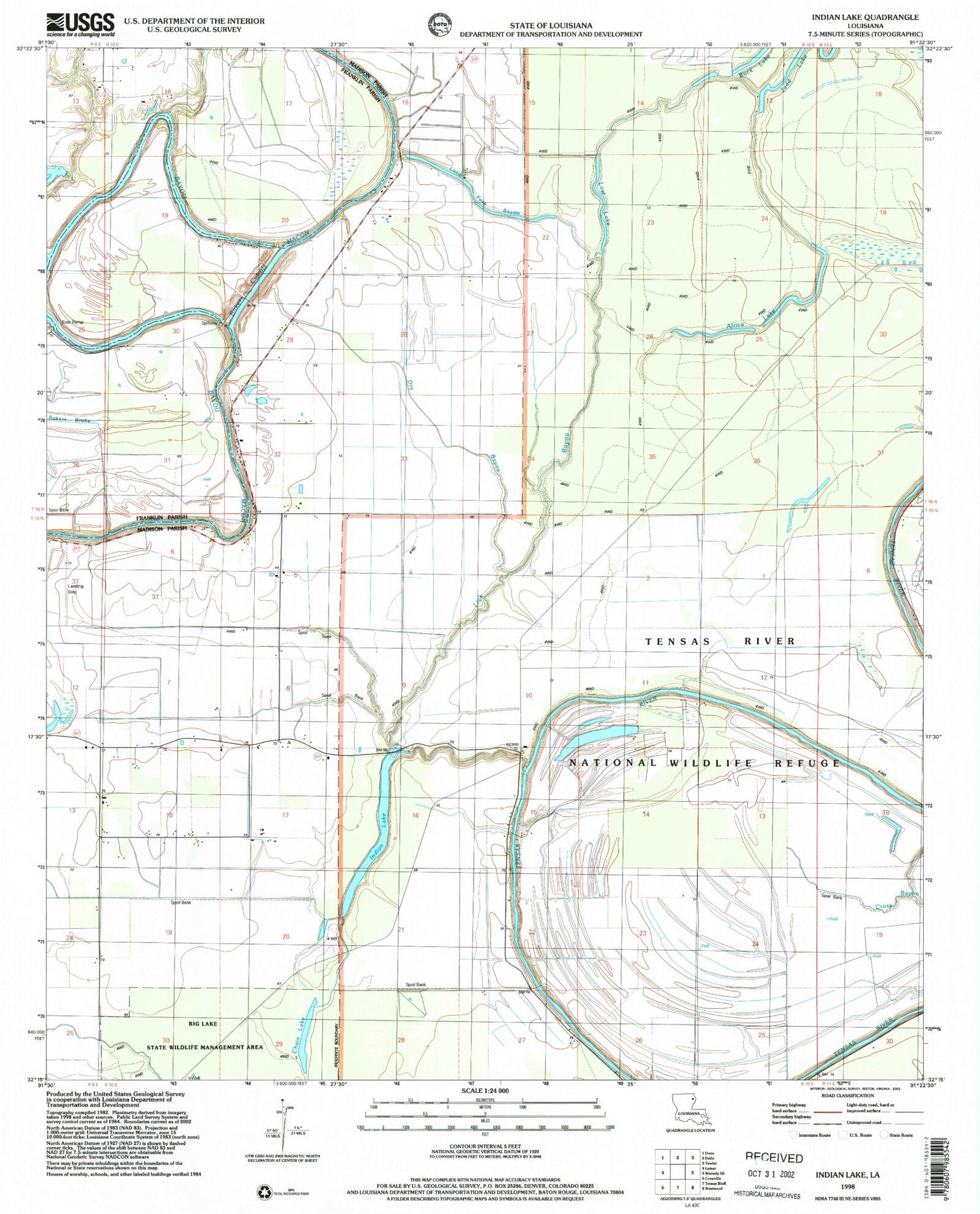 Classic USGS Indian Lake Louisiana 7.5'x7.5' Topo Map Image